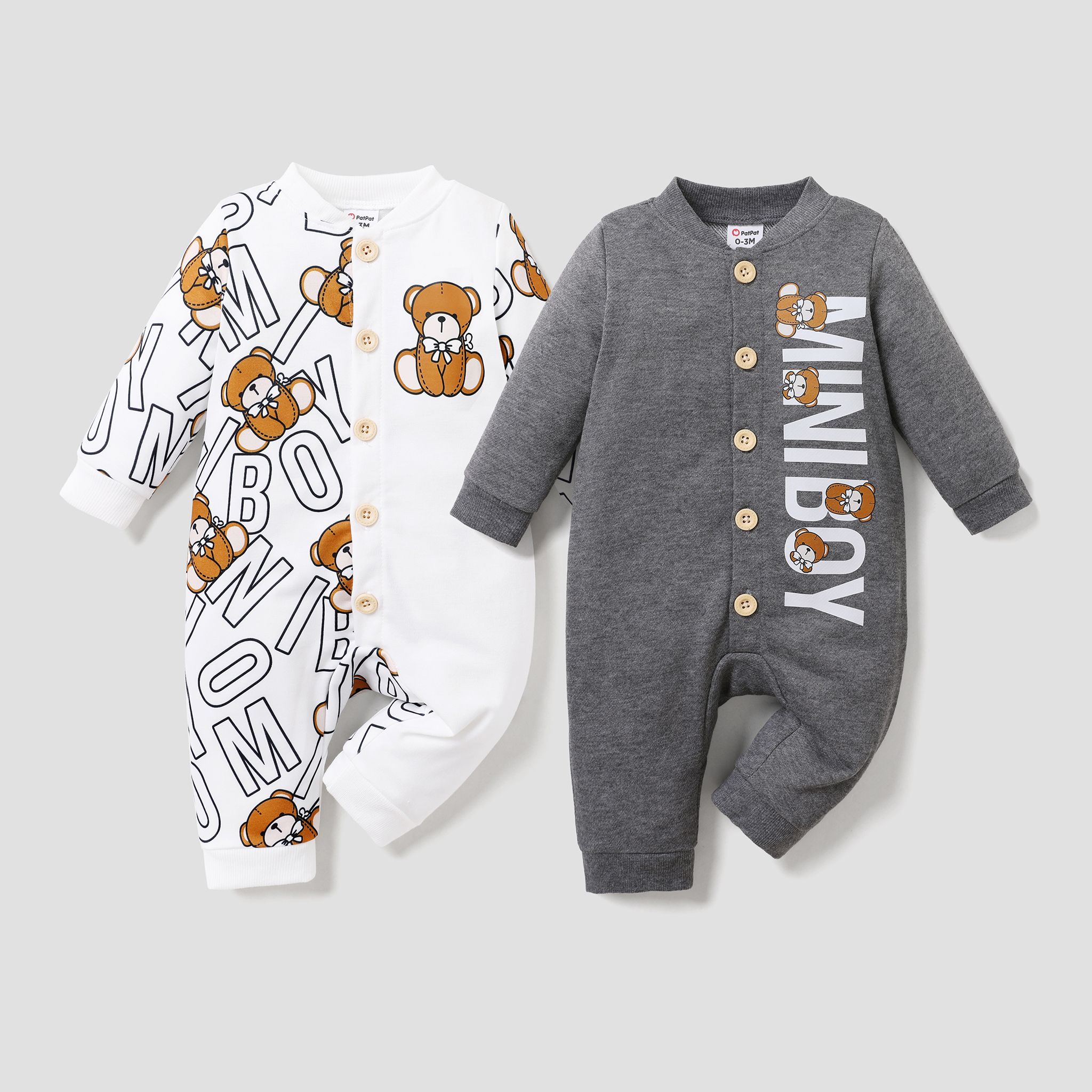 男童基本字母紋連身衣，一件式，長袖，100%聚酯纖維製成，適合寶寶穿著，正常尺寸。