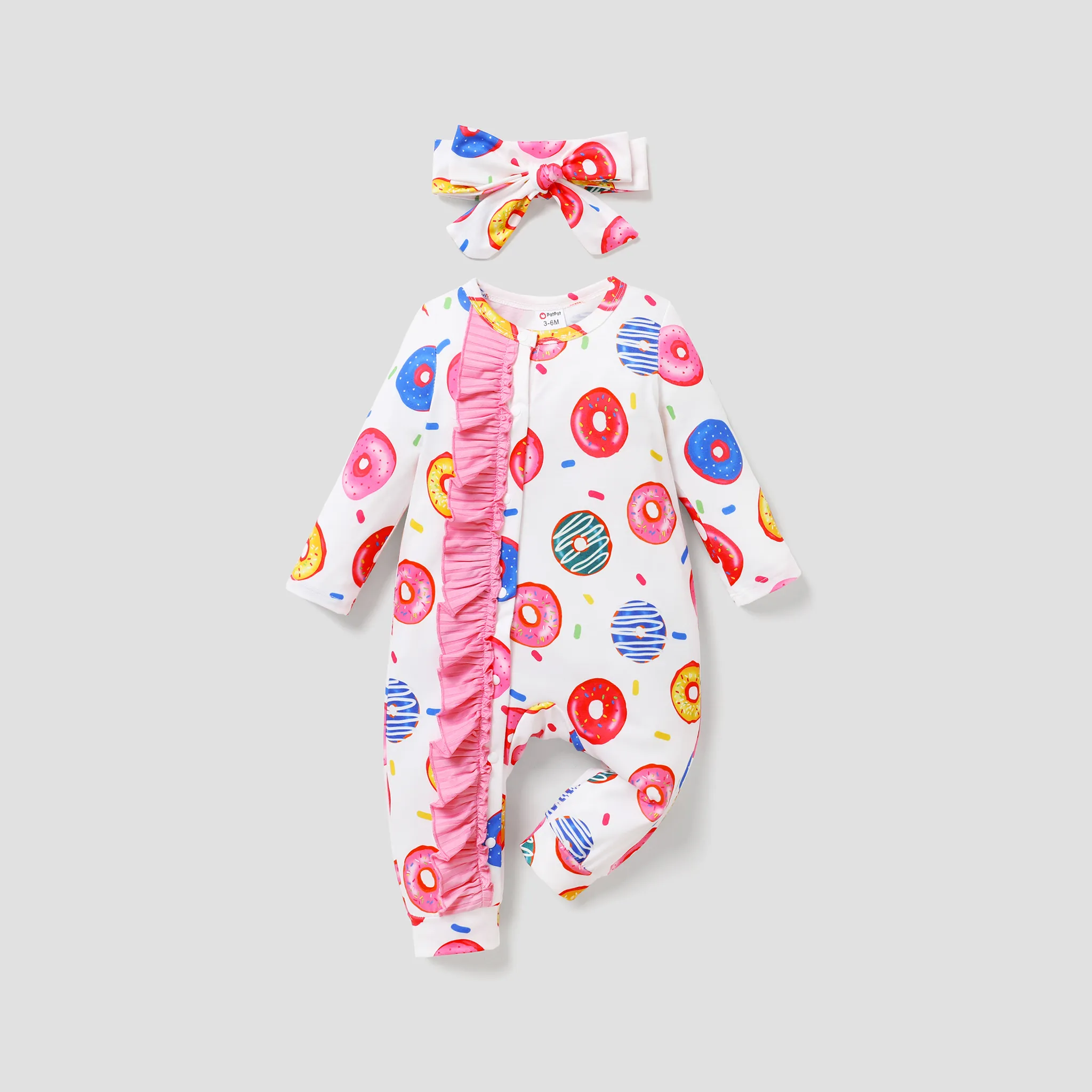 2pcs Baby Girl Donut Print Ruffle Edge Jumpsuit Set