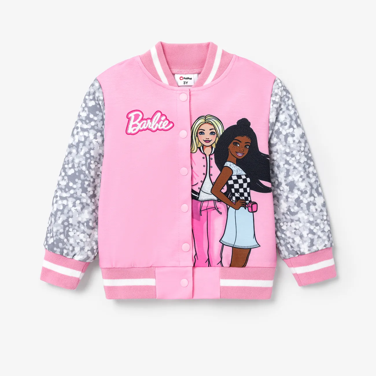 chaqueta bomber con bloques de color y estampado de letras naia™ de barbie para niñas pequeñas/niñas Rosado big image 1