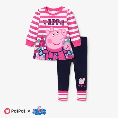 Peppa Pig 2 Piece Toddler Girls Striped Piggy Character Pattern Top and Leggings Color Block Pants Set