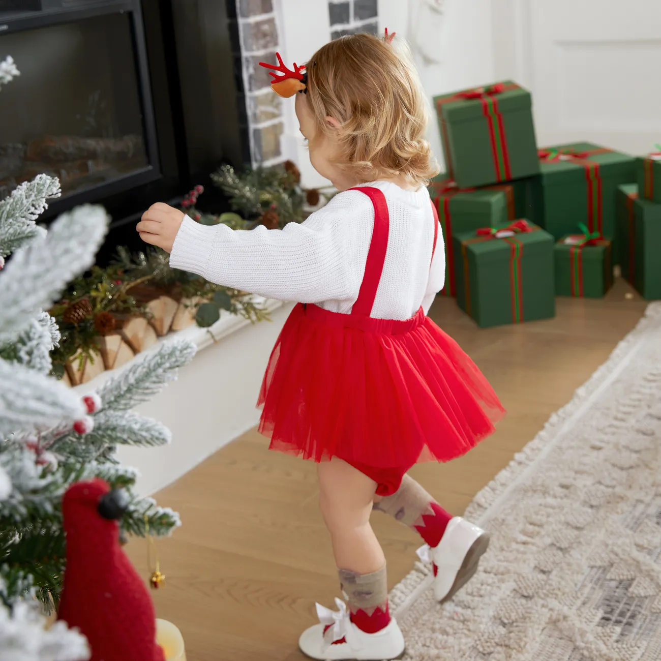 Natal Bebé Menina Costuras de tecido Bonito Sem mangas Macacão curto Vermelho big image 1