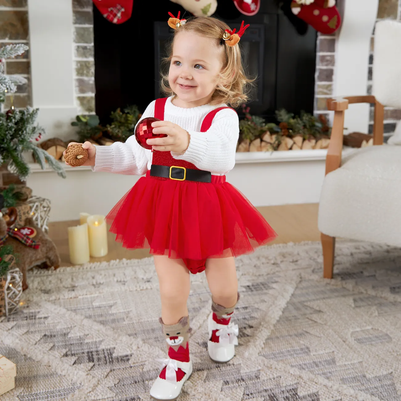 聖誕節 嬰兒 女 布料拼接 甜美 無袖 連身衣 紅色 big image 1