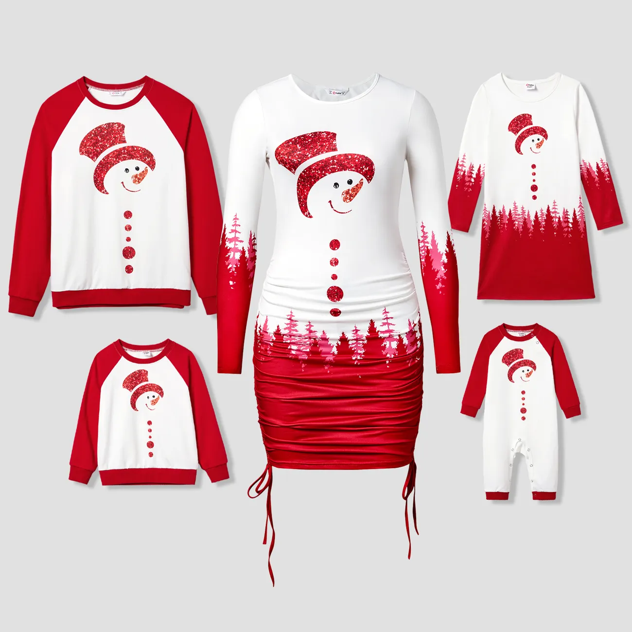 Christmas Family Matching Glitter Snowman Print Long-sleeve Tops and Dresses Sets Red big image 1