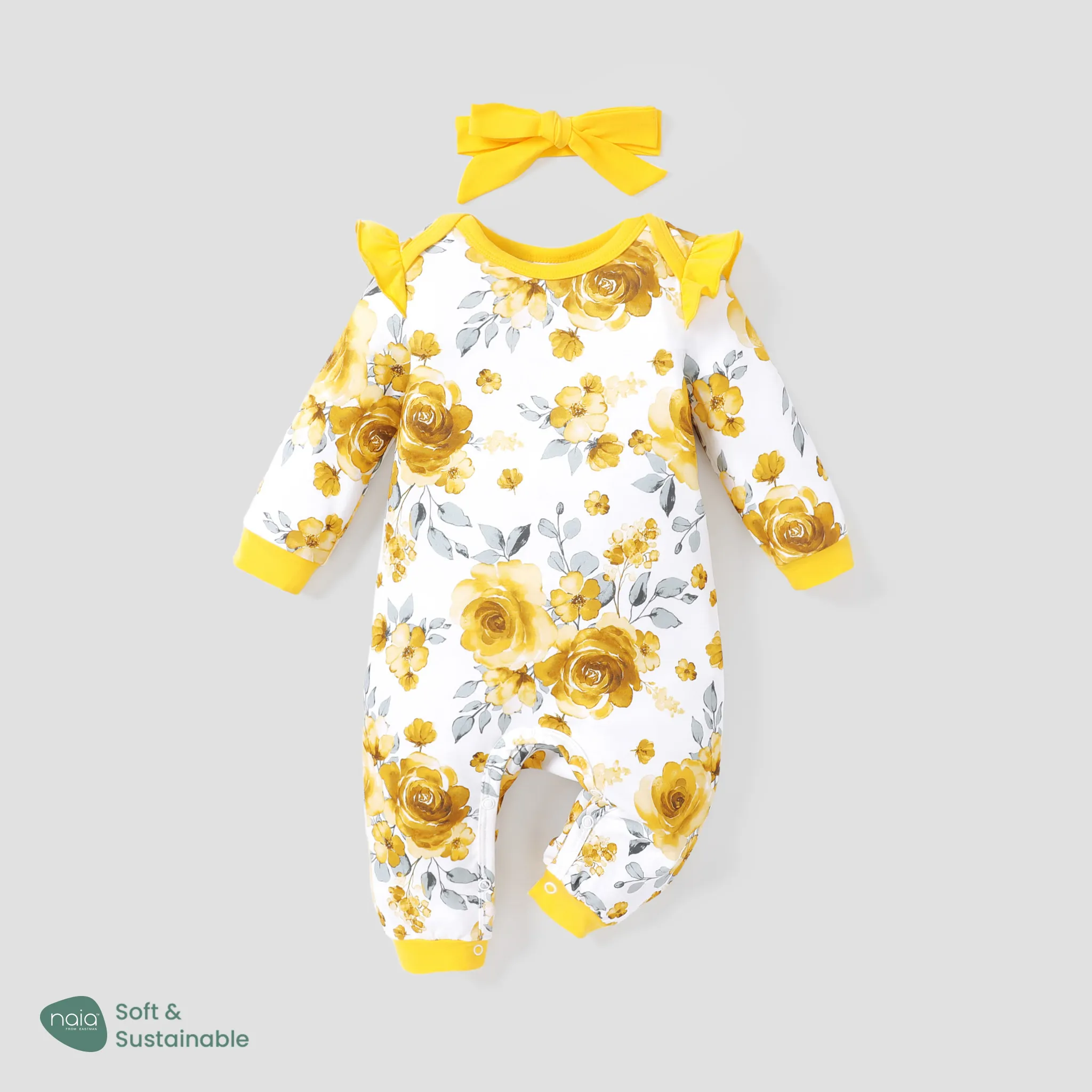 2pcs Baby Girl Floral Sweet Long Sleeve Jumpsuit Set TenderYellow