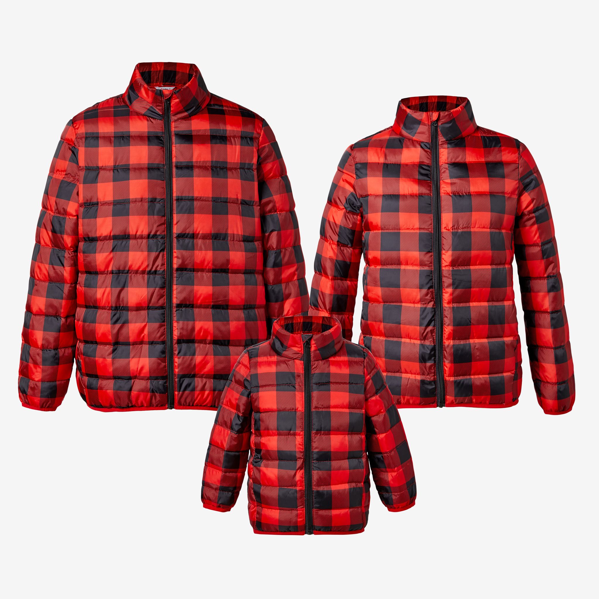 Christmas Family Matching Black And Red Plaid Zipper Stand Collar Coats