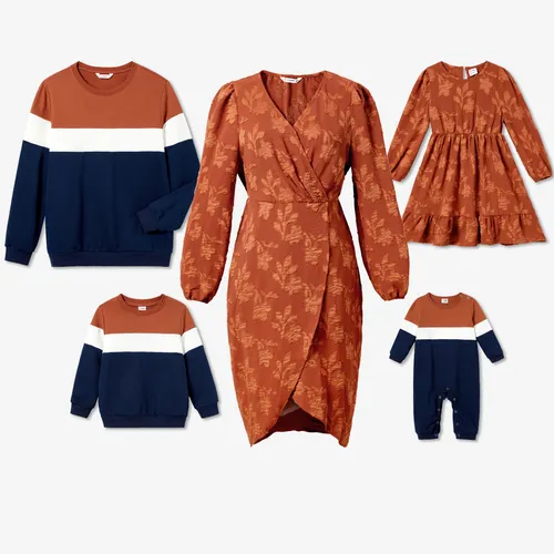 Family Matching Long-sleeve Color-block Tops and Floral Print V-neck Irregular/Smocked Hem Dresses Sets
