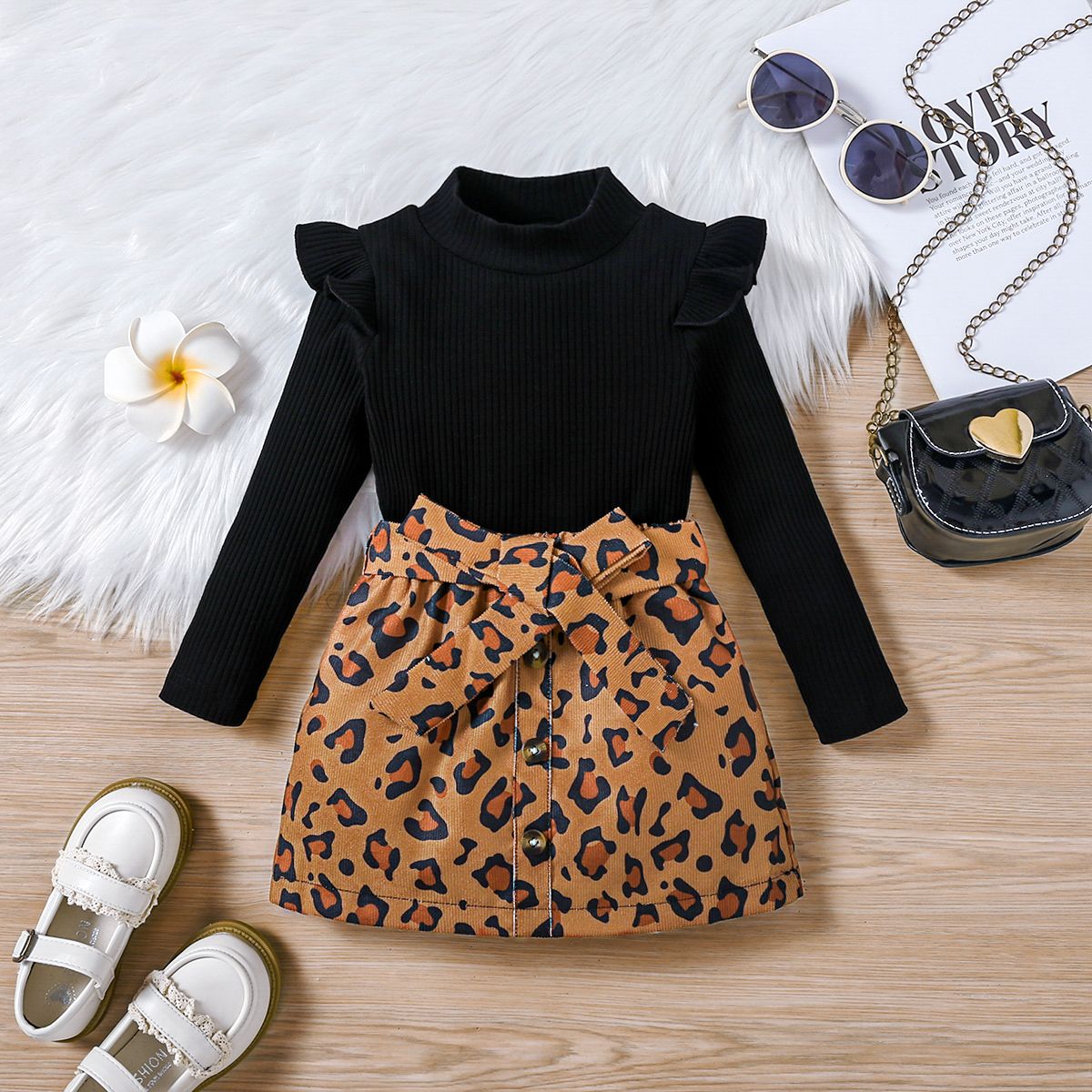 3pcs Toddler Girl Animal Leopard Printed Ruffled Tshirt And Skirt Set With Belt