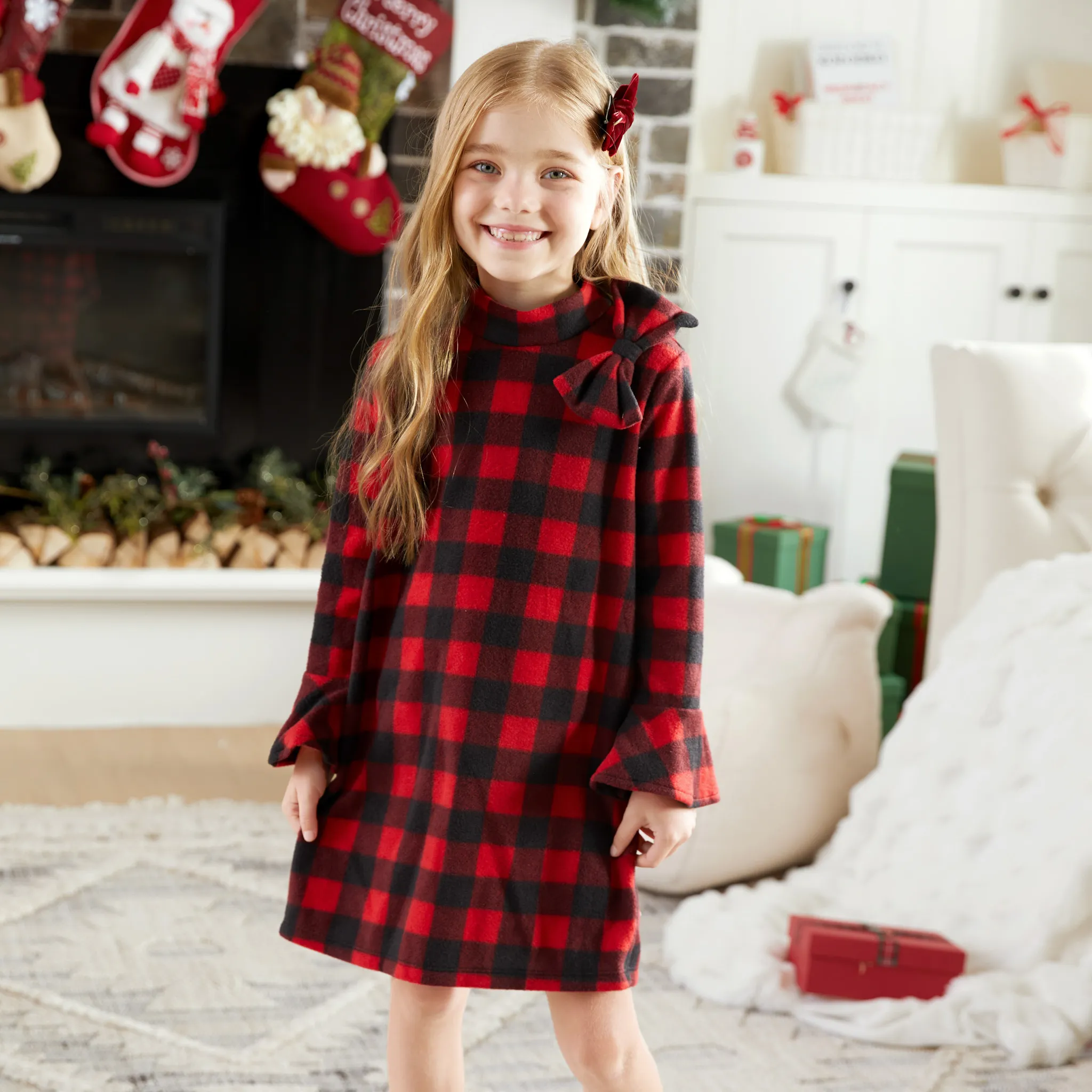 Kid Girl Sweet 3D Grid Dress  Red image 2