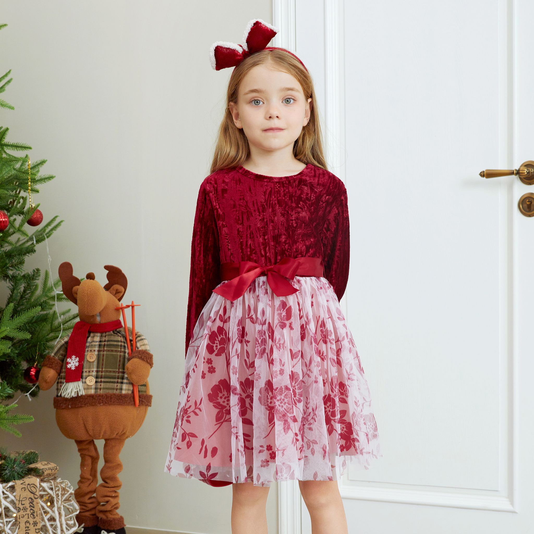 2pcs Kid Girl's Floral Pattern Velvet Mesh Multi-layered Dress With Belt