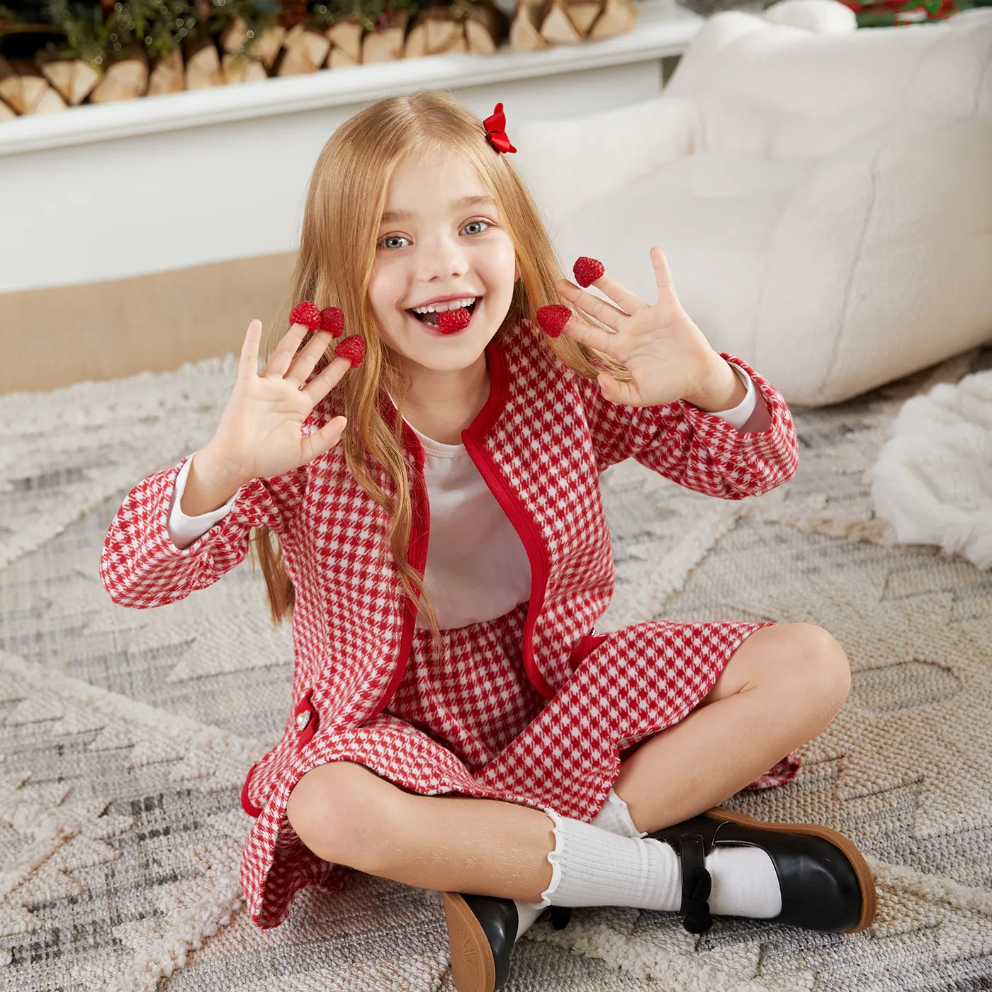 Kid Girl Fashionable Secret Button Christmas Coat/Skirt Set  Red image 2