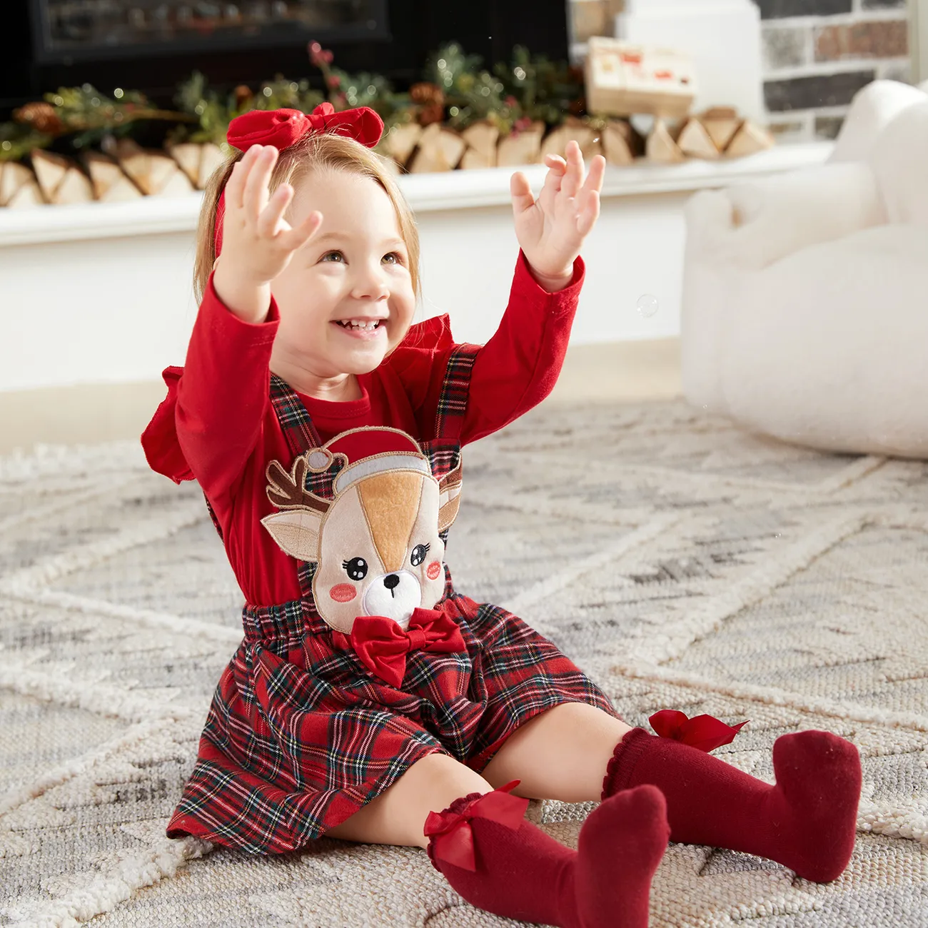 聖誕節 3件 嬰兒 荷葉邊 甜美 長袖 套裝裙 紅色 big image 1