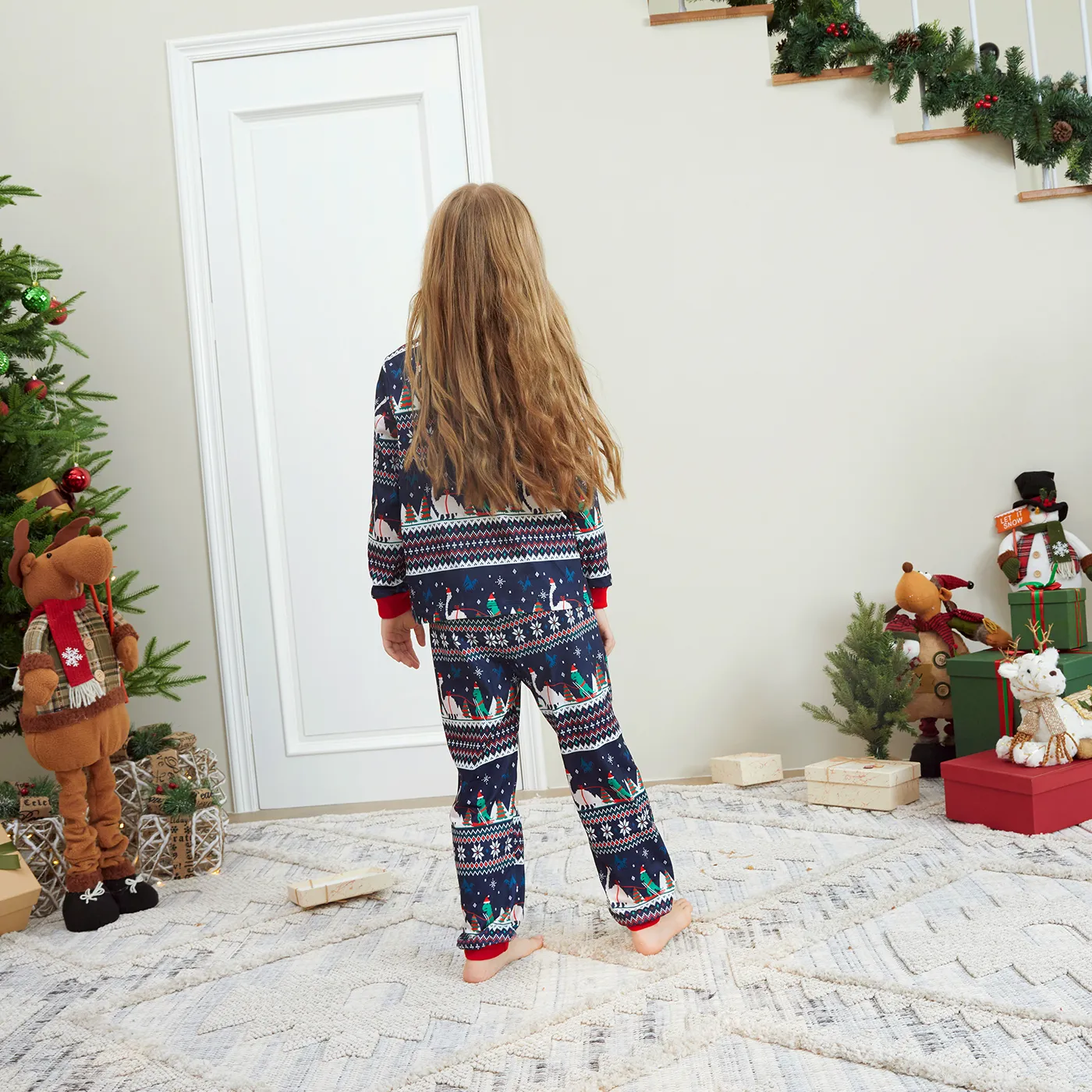 2pcs Kid Boy Christmas Animal print Pajamas Set Deep Blue image 3