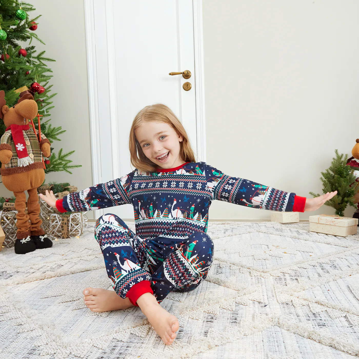 2pcs Kid Boy Christmas Animal print Pajamas Set Deep Blue image 4