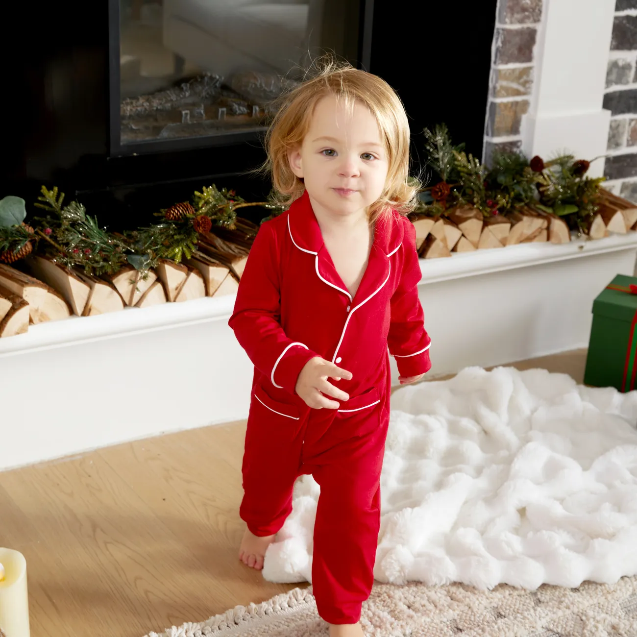 Baby Girl/Boy Childlike Christmas Solid Color Pajama Red big image 1