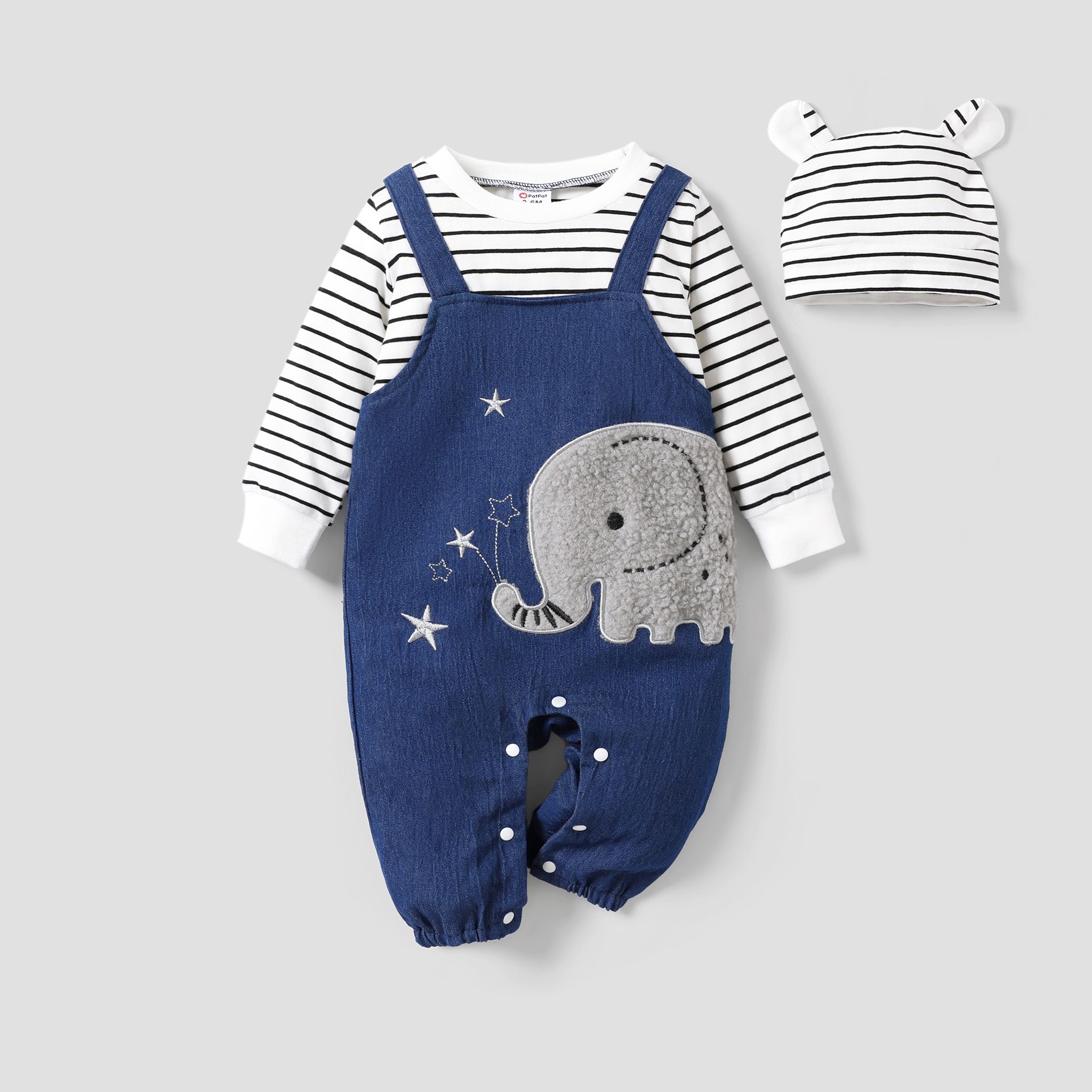2pcs Baby Boy Cute Elephant Pattern Fabric Stitching Long Sleeve Jumpsuit