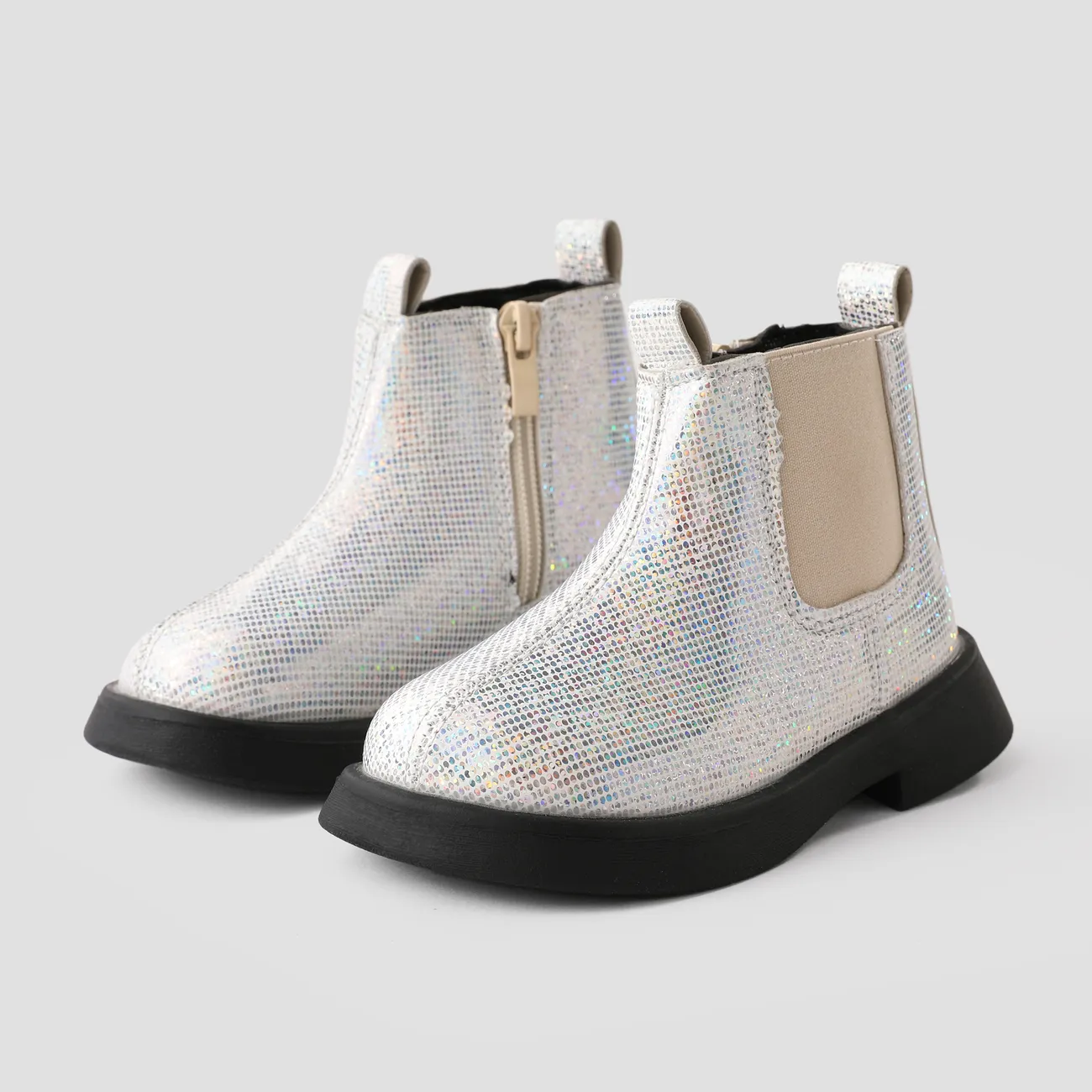   Toddlers and Kids Cool Glitter Design Side Zipper Leather Boots Silver big image 1