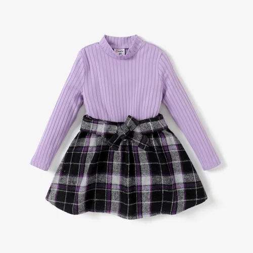 3pcs Toddler Girl Sweet Houndstooth Grid Stand Collar Skirt Set with Belt