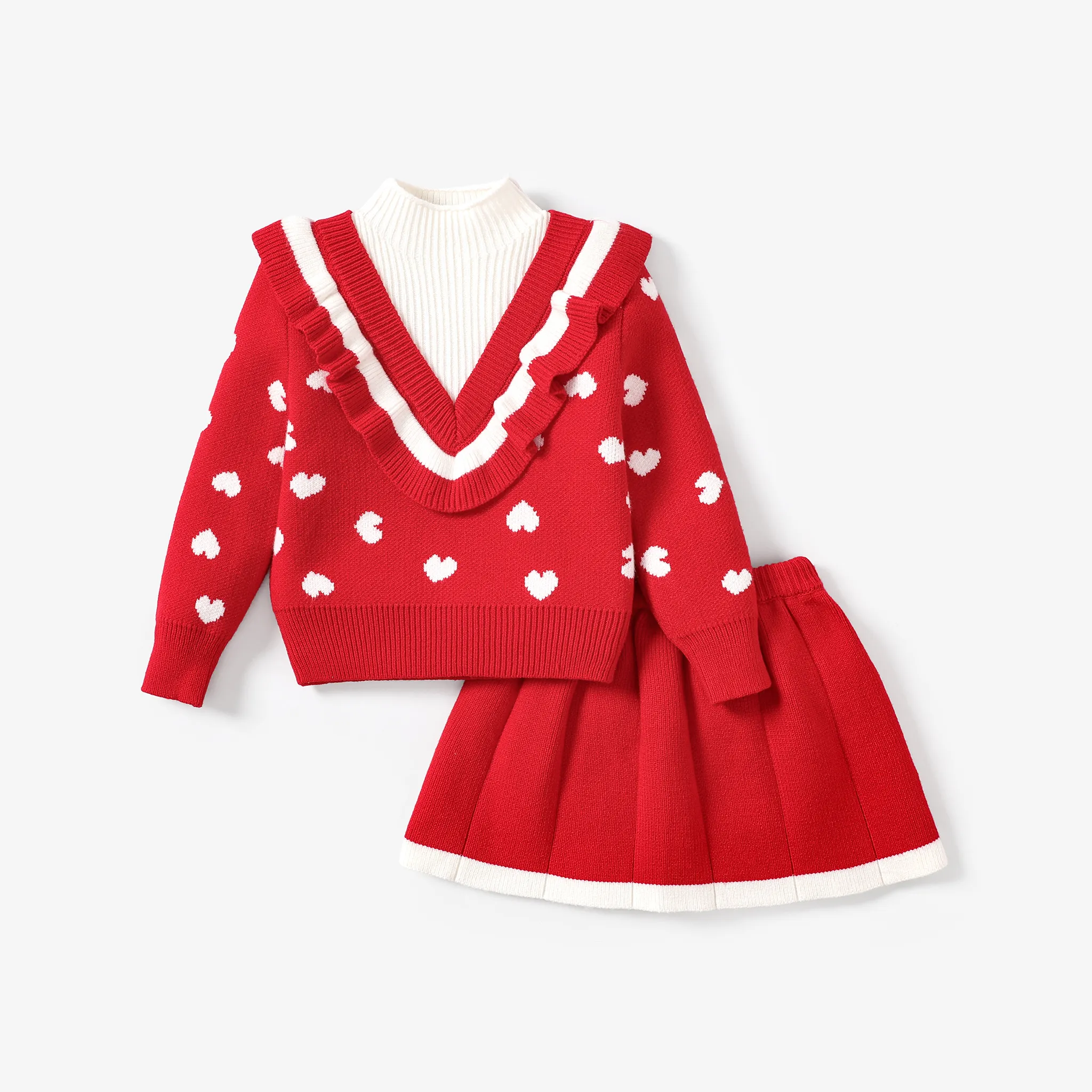  2PCS Toddler Girl Sweet Heart-shaped Faux-two Sweater and Skirt Set