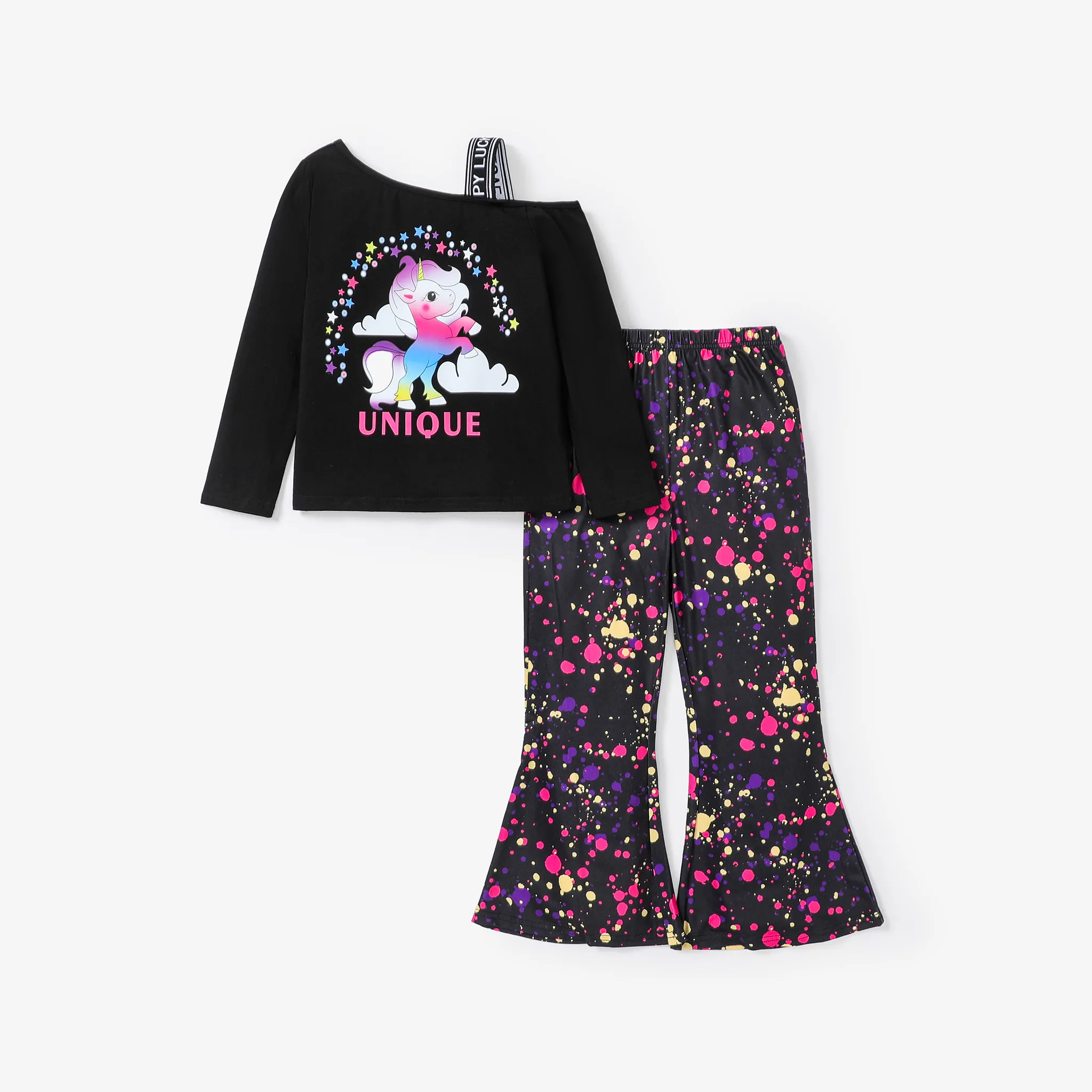 2pcs Kid Girl Cotton Unicorn Letters Print Sloping Shoulder Single Slip Long-sleeve Top and Allover Print Flared Pants Set  big image 1