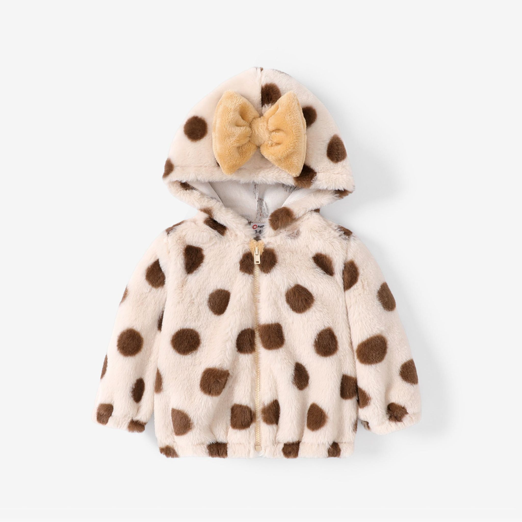 Baby Girl Polk Dots Pattern Hooded Fuzzy Warm Zipper Jacket