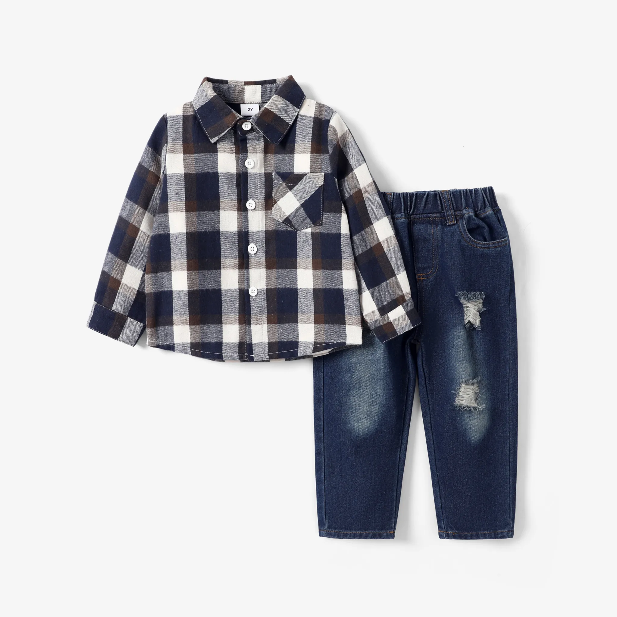 2pcs Toddler Boy Grid/Houndstooth Denim Set