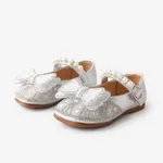 Toddler and Kids Girls Sweet Bow & Faux-pearl & Rhinestone Decor Velcro Leather Shoes Silver