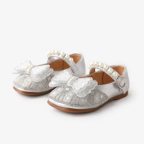 Toddler and Kids Girls Sweet Bow & Faux-pearl & Rhinestone Decor Velcro Leather Shoes