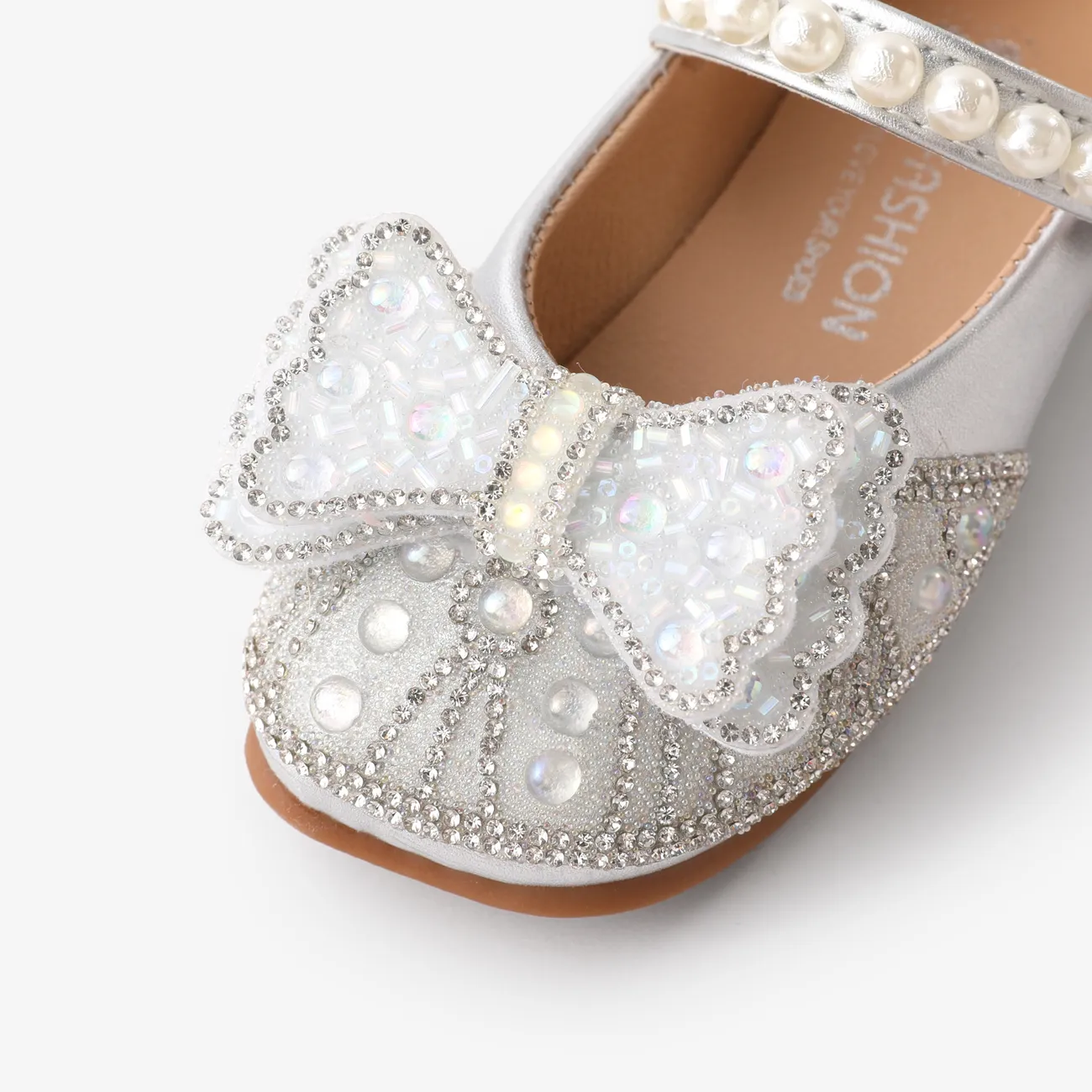 Toddler and Kids Girls Sweet Bow & Faux-pearl & Rhinestone Decor Velcro Leather Shoes Silver big image 1