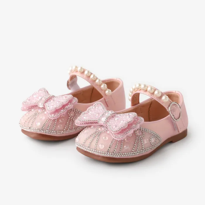 Niños pequeños y niños niñas Sweet Bow & Faux-pearl & Rhinestone Decor Velcro Leather Shoes