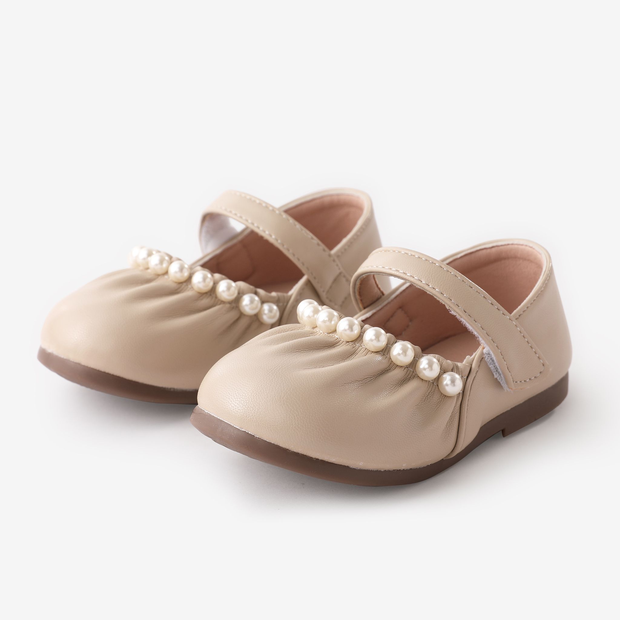 Toddler And Kids Girls Sweet Solid Faux-pearl Decor Velcro Leather Shoes
