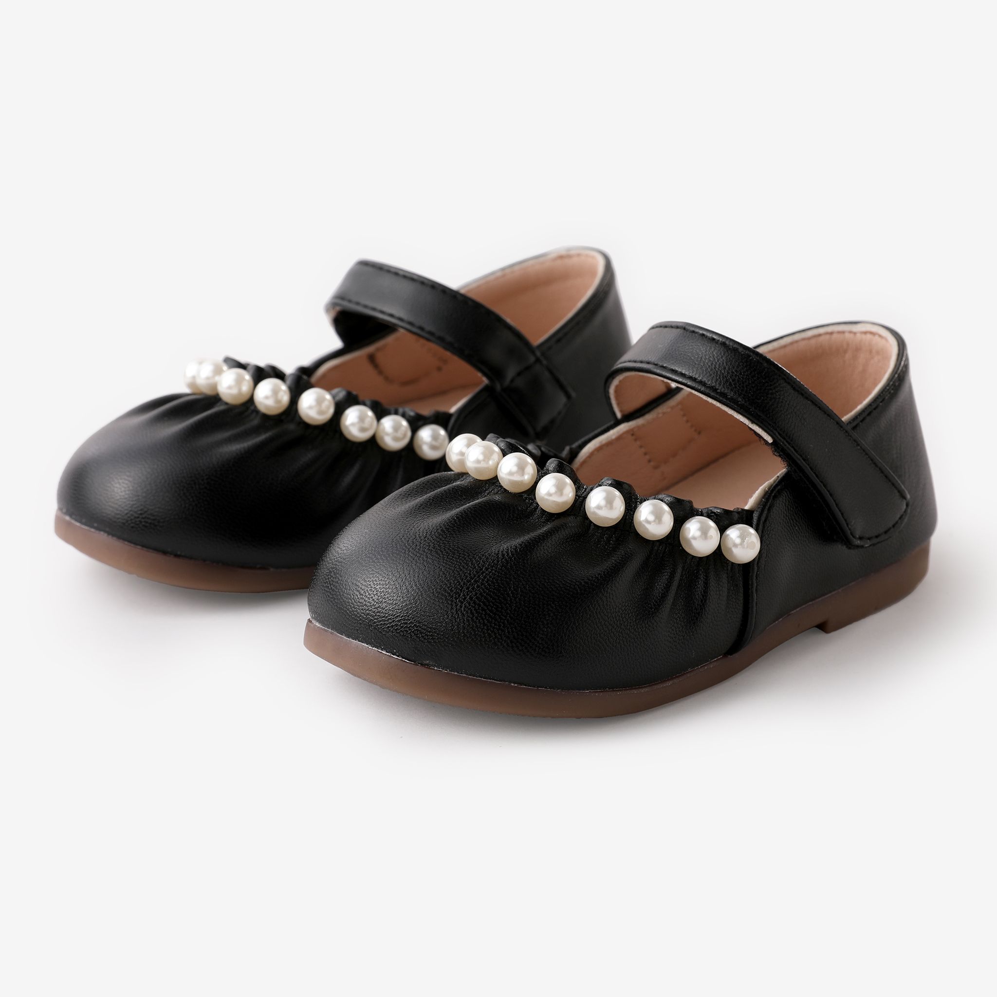 Enfant En Bas âge Et Enfants Filles Doux Solide Faux-perle Décor Velcro Chaussures En Cuir