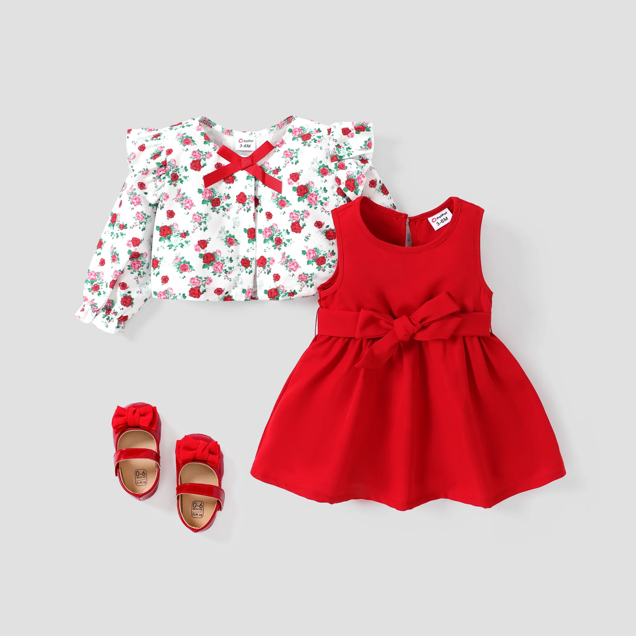 3pcs Baby Girl Bowknot Ruffled Detail Broken Flower Pattern Suit-Dress with Belt