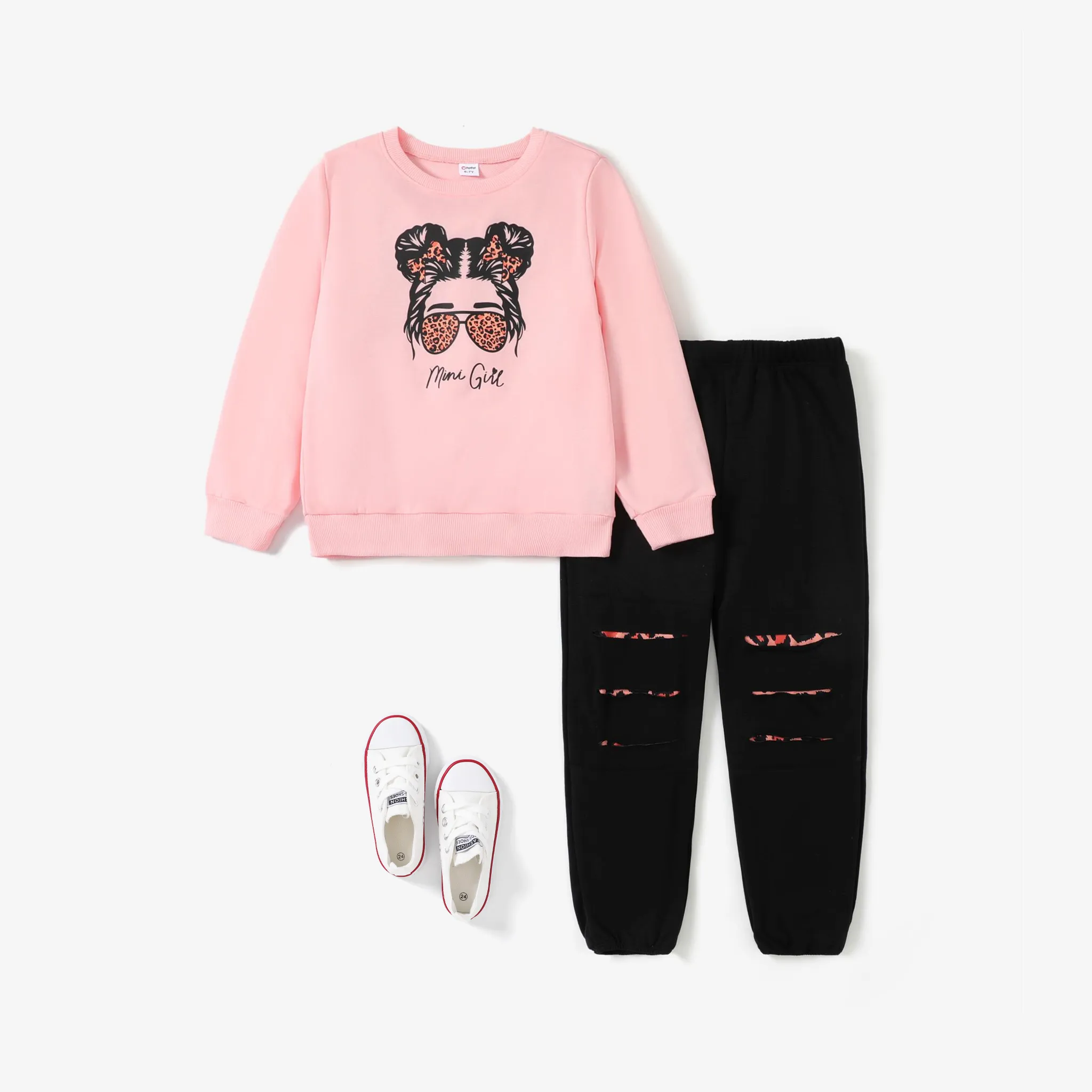 2pcs Kid Girl Avant-garde Style Character pattern Tshit and Hole Design Pants Sets