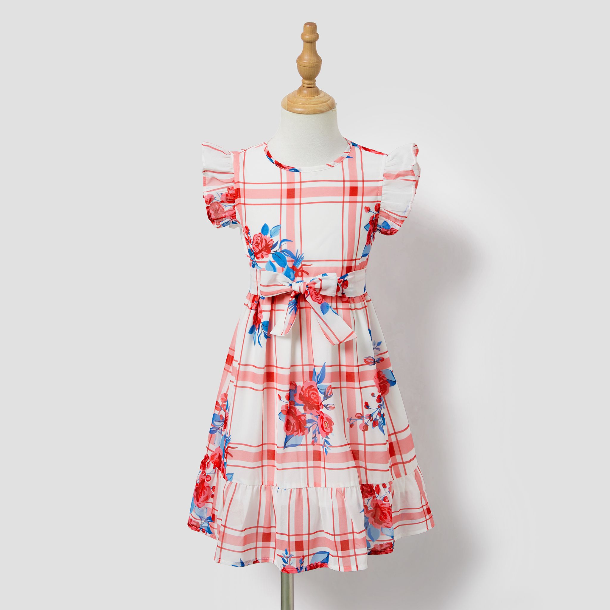 Family Matching Colorblock Stripe T-shirt And Plaid Floral Wrap Front Flutter Sleeve Dress Sets