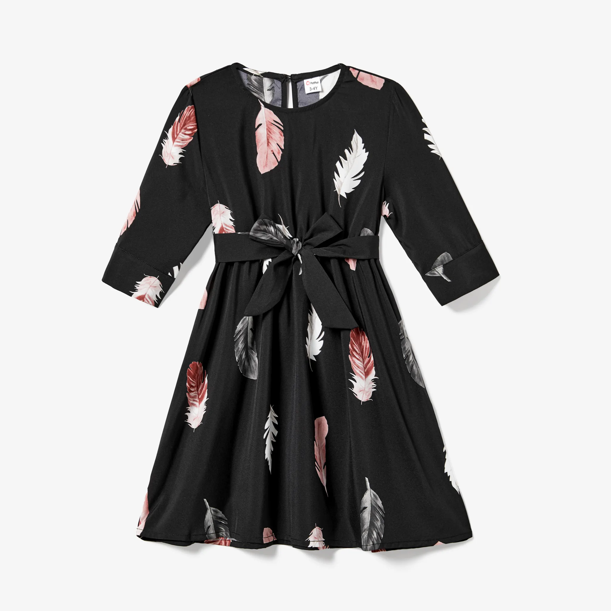 Family Matching Color-Block Sweatshirt And Feather-Print Overlap Chiffon Dress Sets