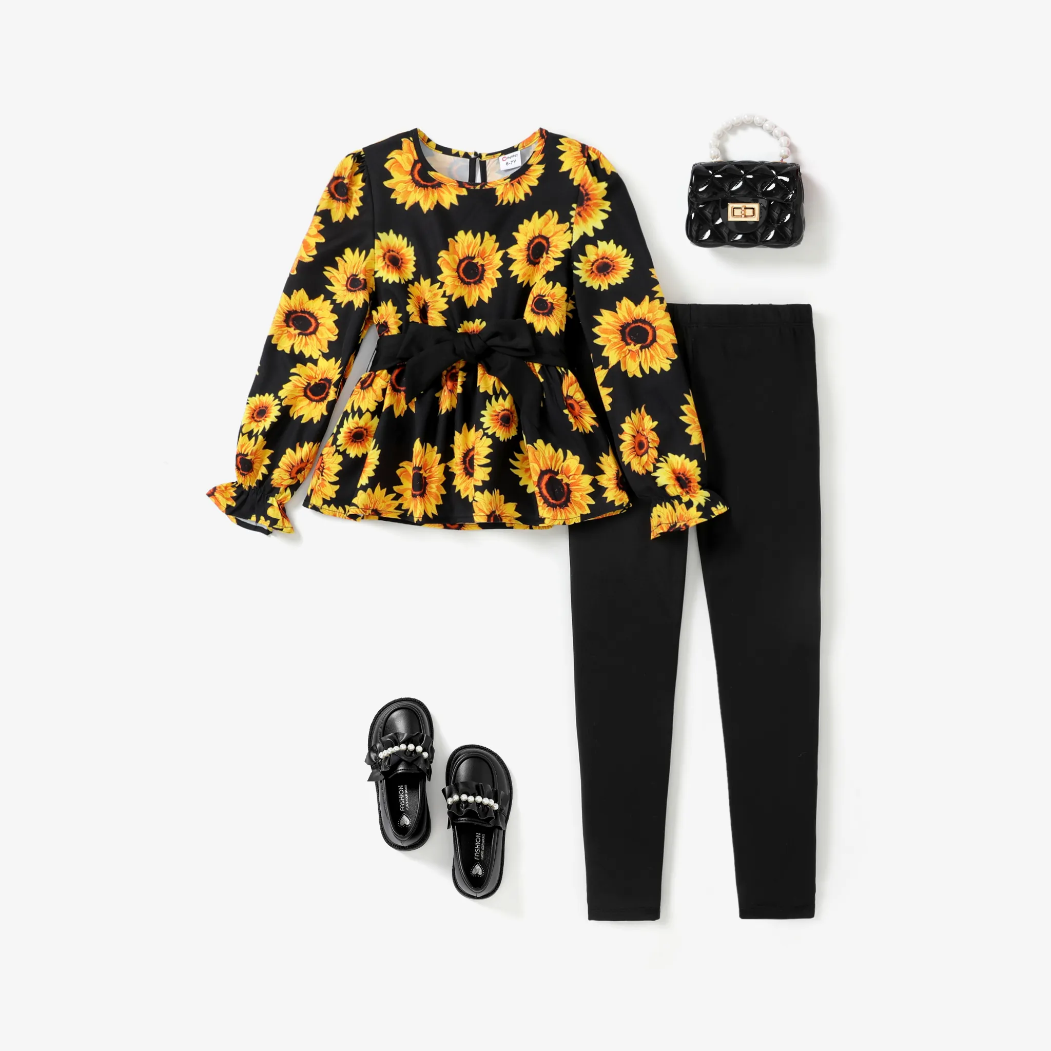 3pcs Kid Girl Sweet Sunflower Top and Leggings Suit with Belt