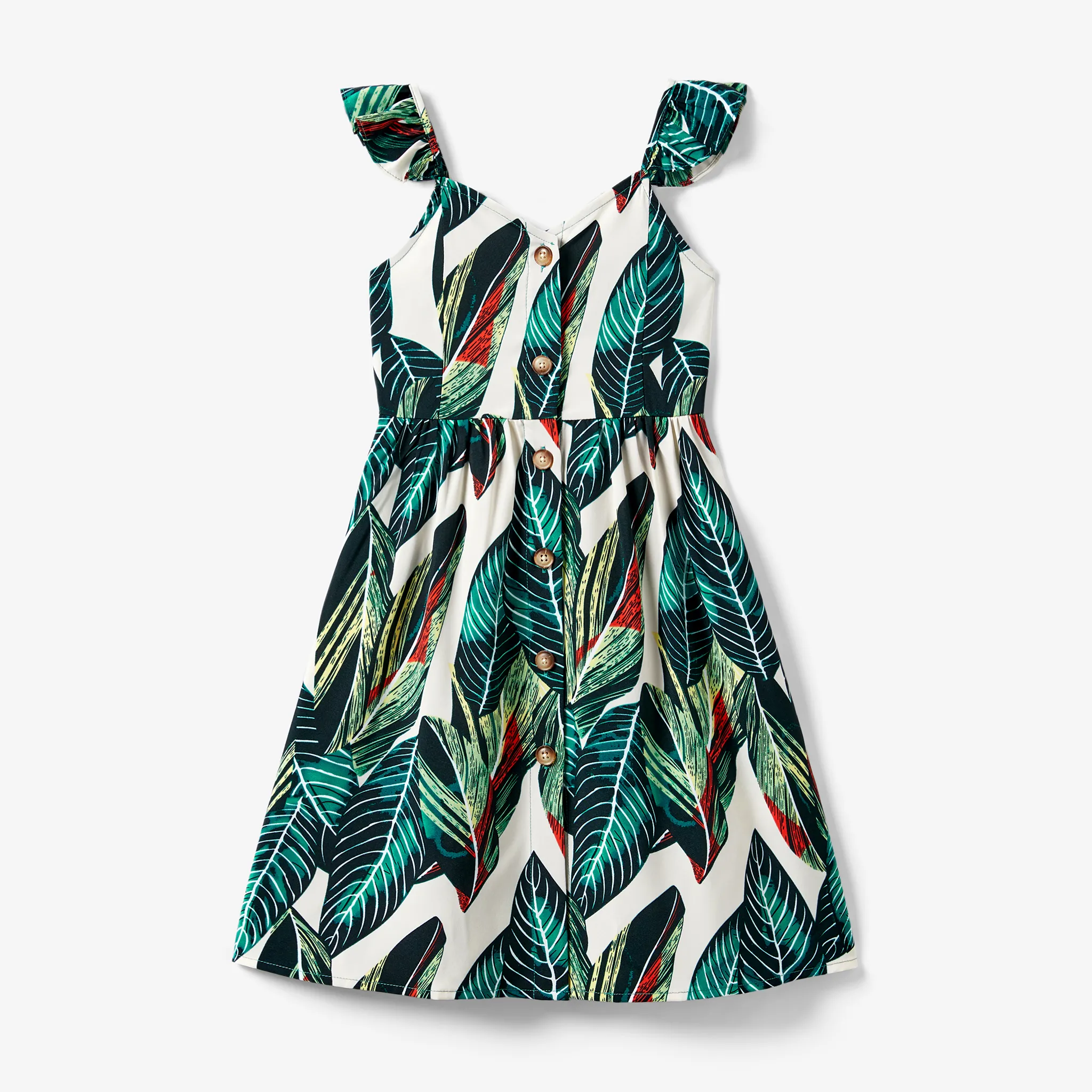 Family Matching Allover Leaf Print Shirt And Button-Front Strap Dress Sets