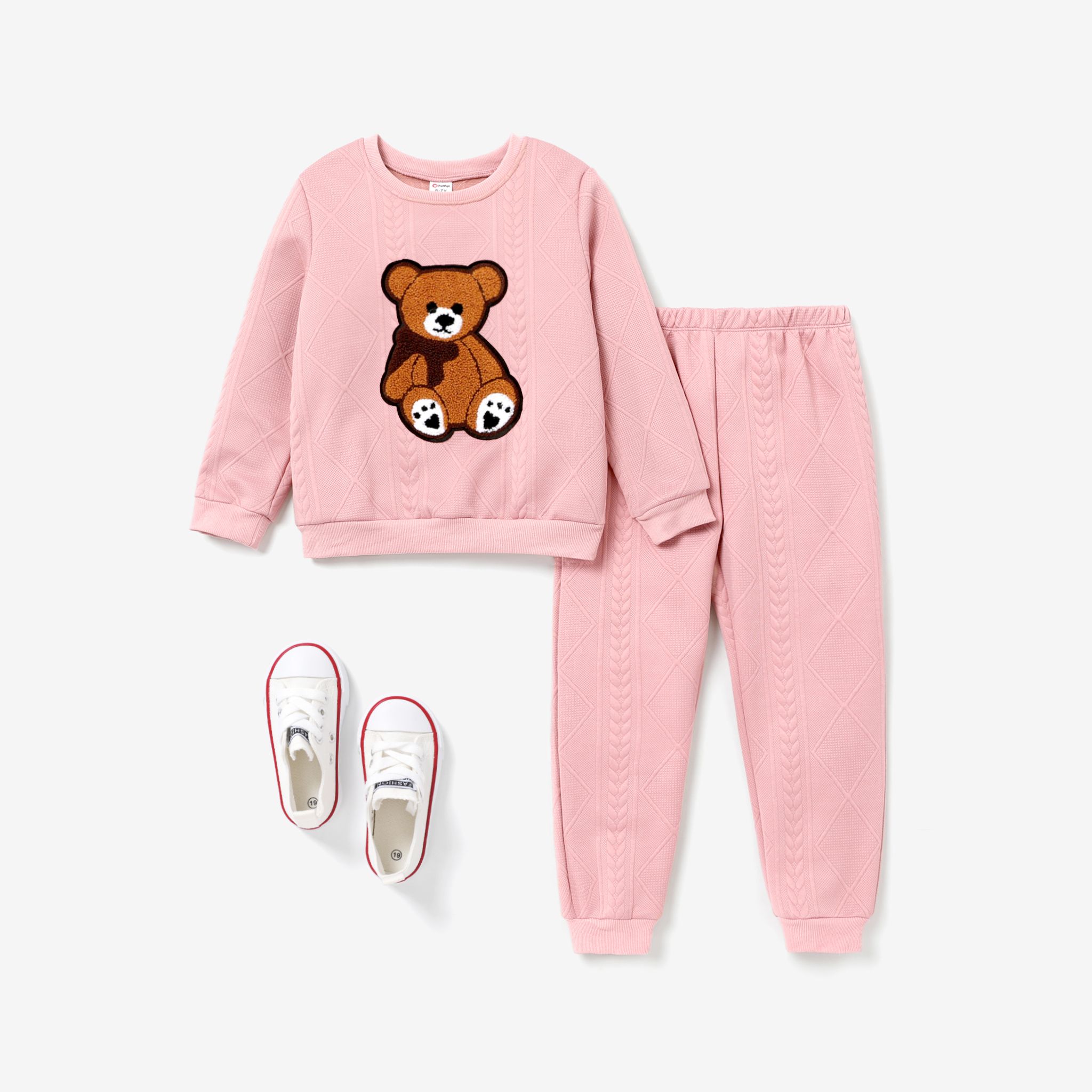2 Pièces Kid Girl Bear Animal Pattern Doux Texturé Matériel Casual Suit