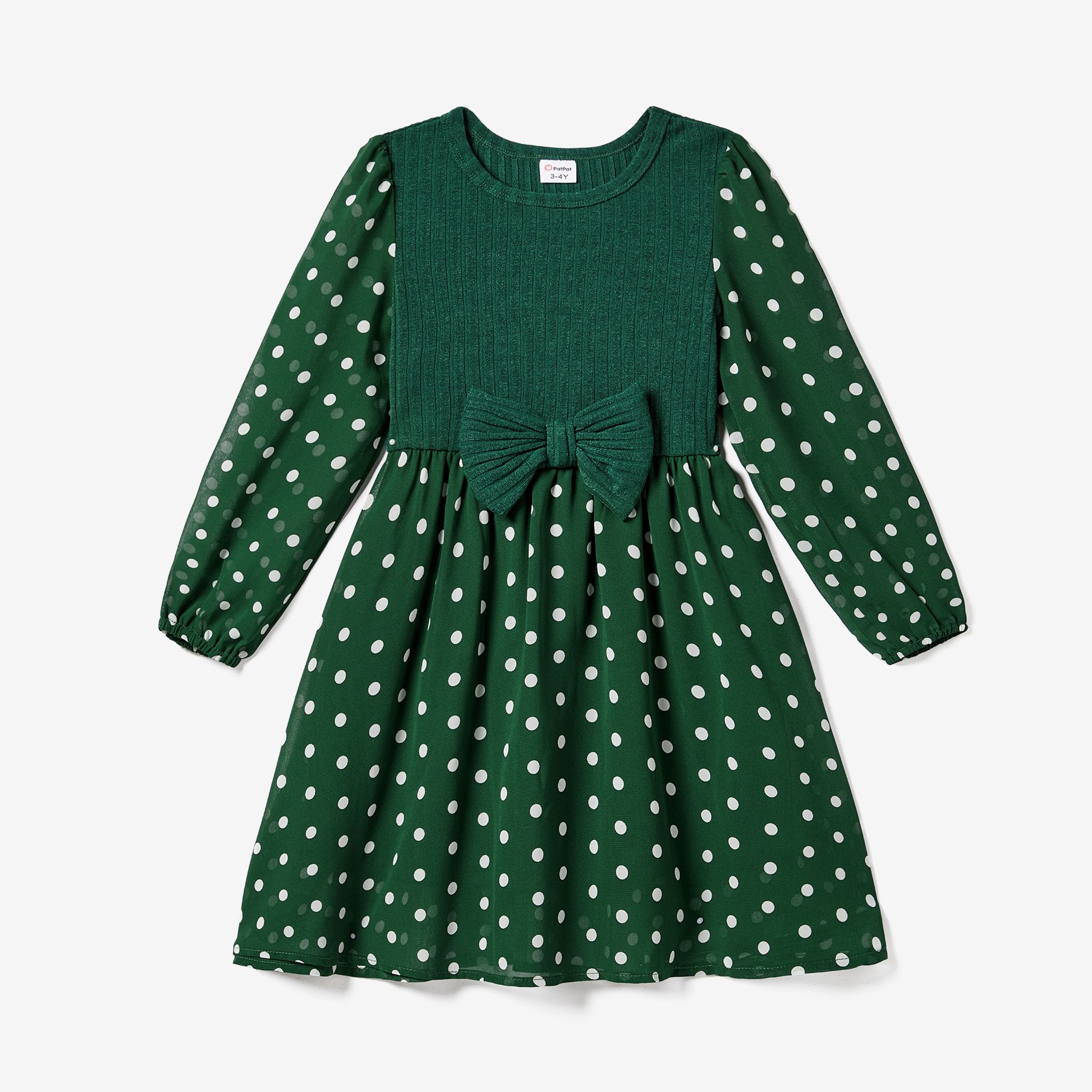 Family Matching Long-sleeve Green Tops And Polka Dot Mesh Splicing Belted Dresses Sets