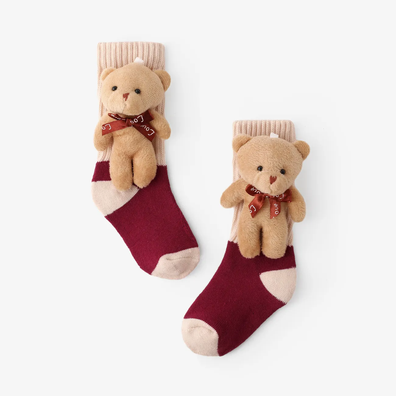Toddler/kids Solid color mid-length bear doll cotton socks REDWHITE big image 1
