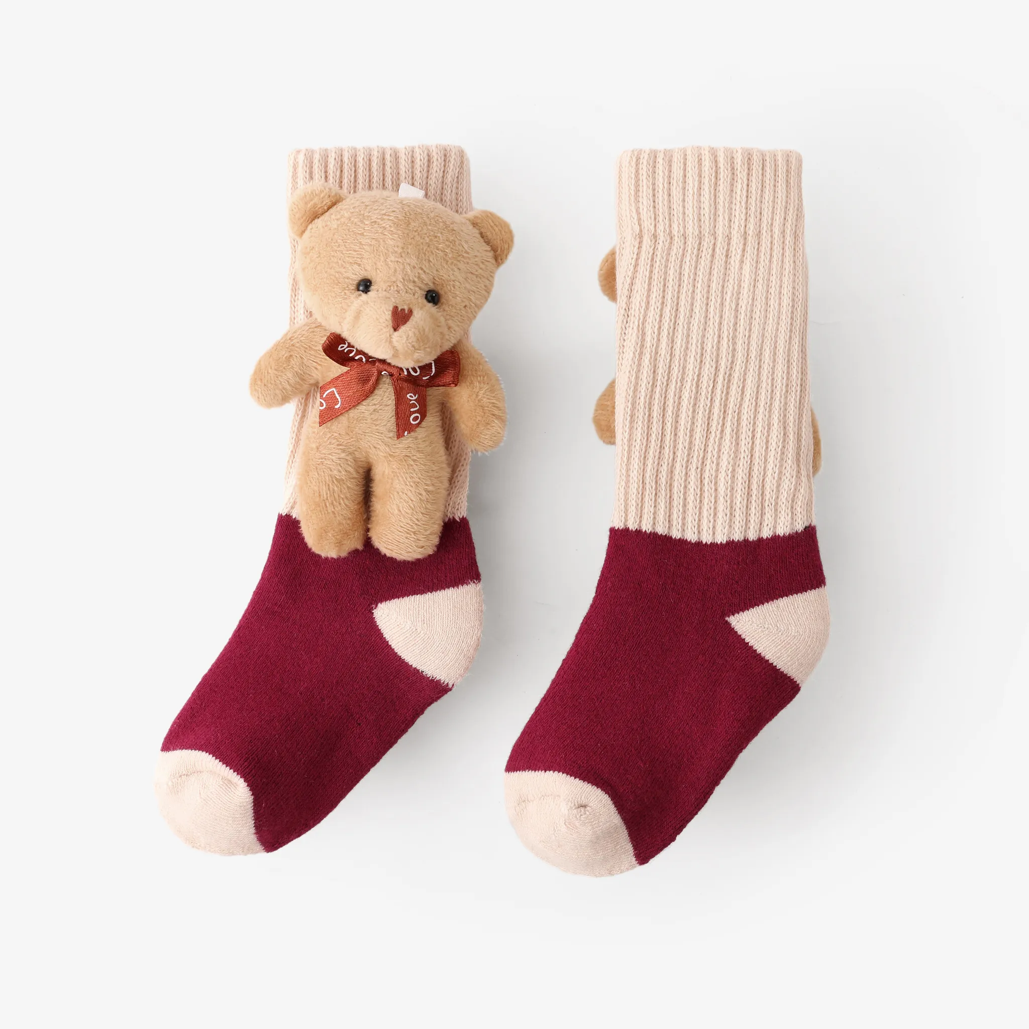 Toddler/kids Solid color mid-length bear doll cotton socks REDWHITE image 3