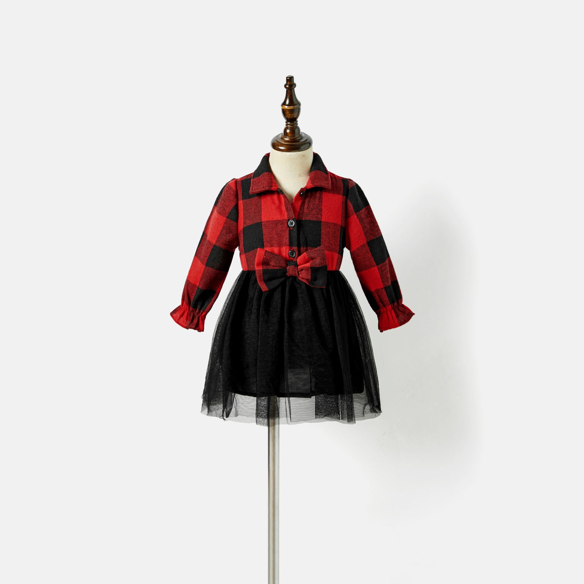 Family Matching Plaid Long-sleeve Mesh Splicing Dresses And Tops Sets