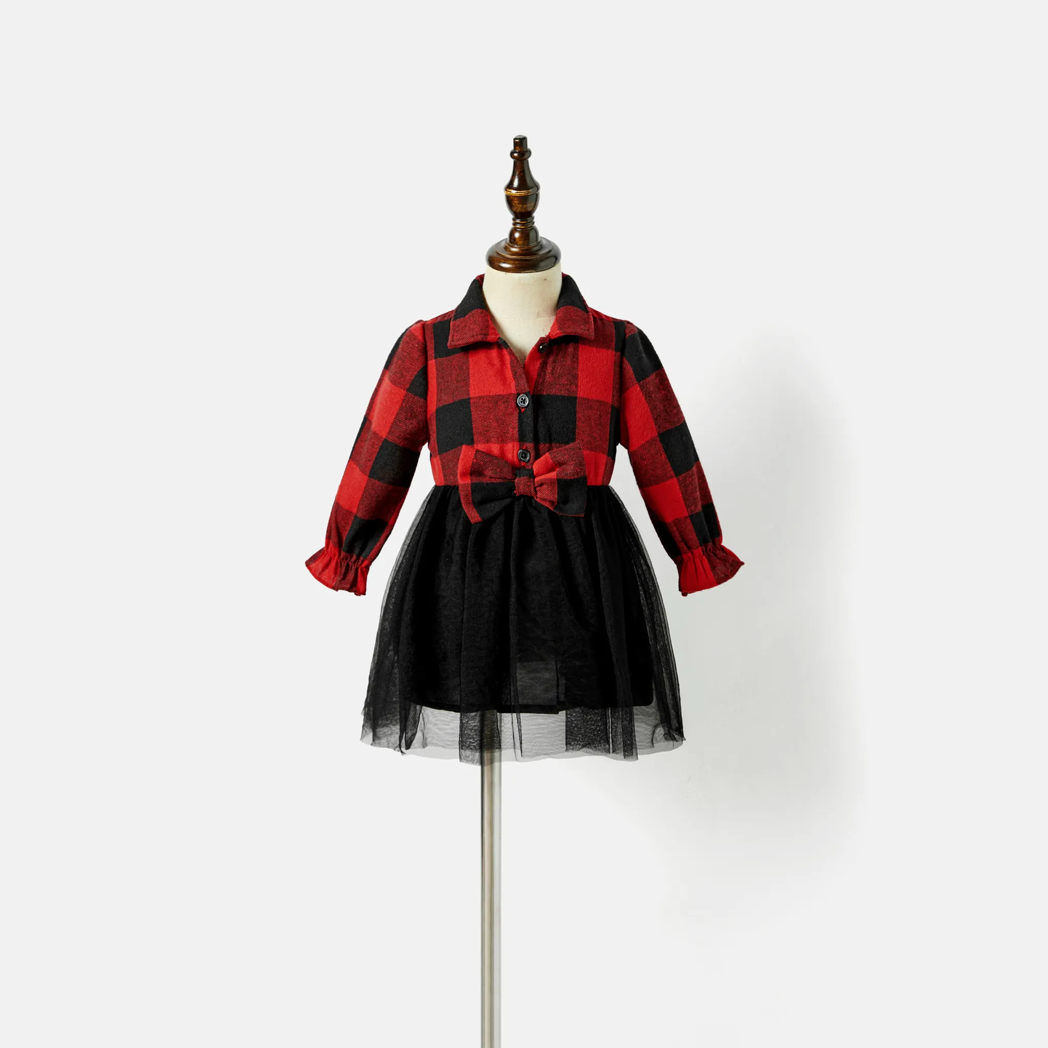 Family Matching Plaid Long-sleeve Mesh Splicing Dresses and Tops Sets ColorBlock big image 1