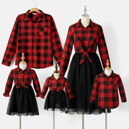 Family Matching Plaid Long-sleeve Mesh Splicing Dresses and Tops Sets
