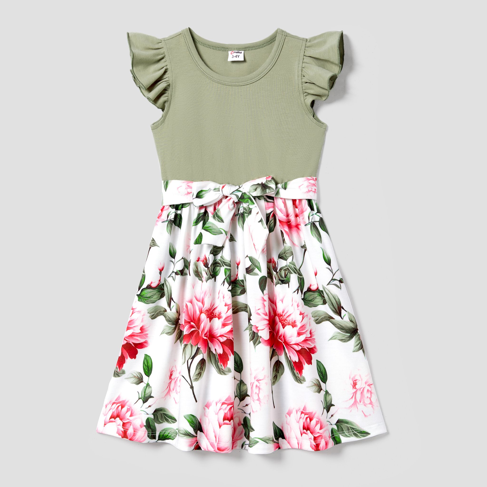 Matching Family Raglan-Sleeve T-shirt And Flutter Shoulder Floral Dress Sets