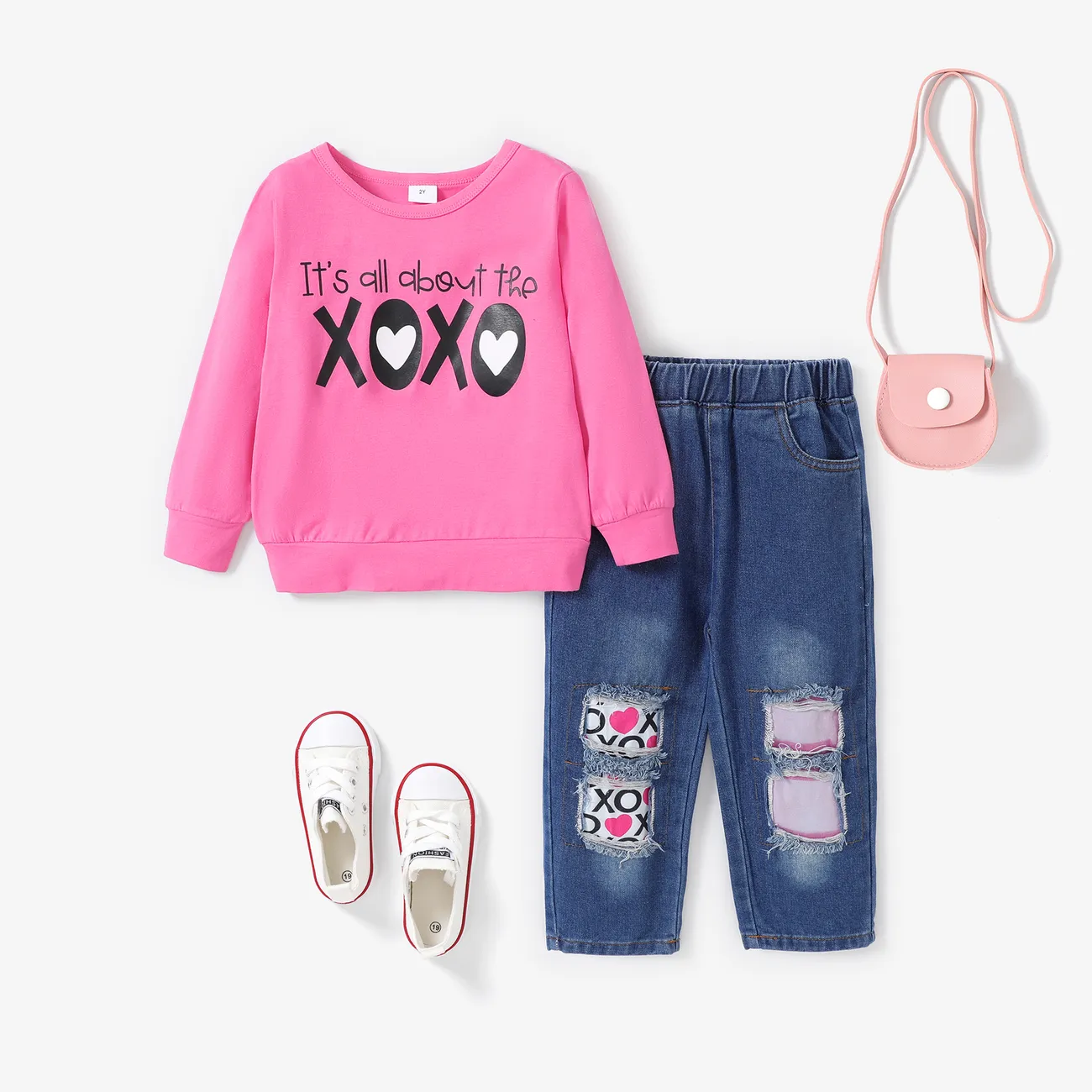 Sweet Toddler Girl 2pcs 93% Cotton Sets with Letter Pattern and Hole Design Jeans  big image 1