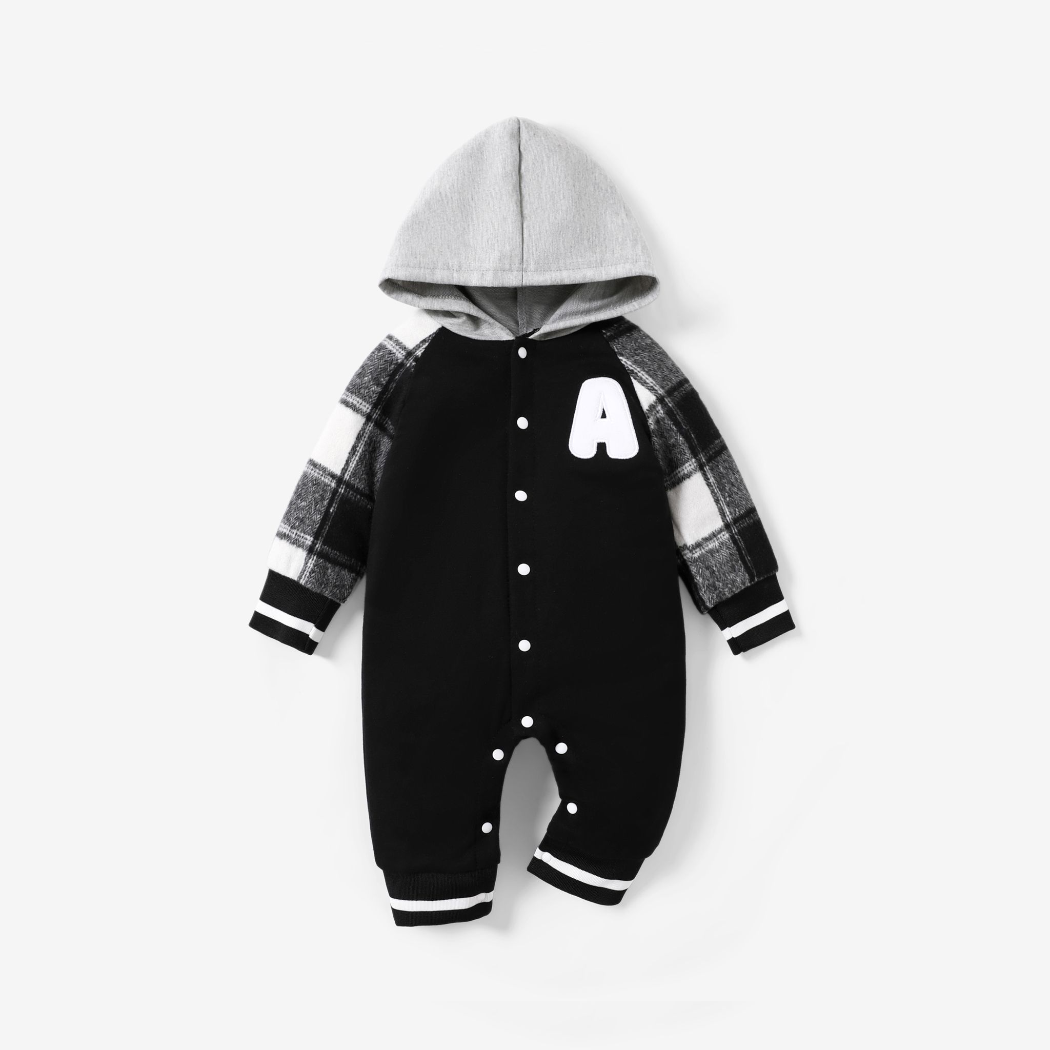 

Baby Boy Letter Print Fabric Stitching Hooded Jumpsuit