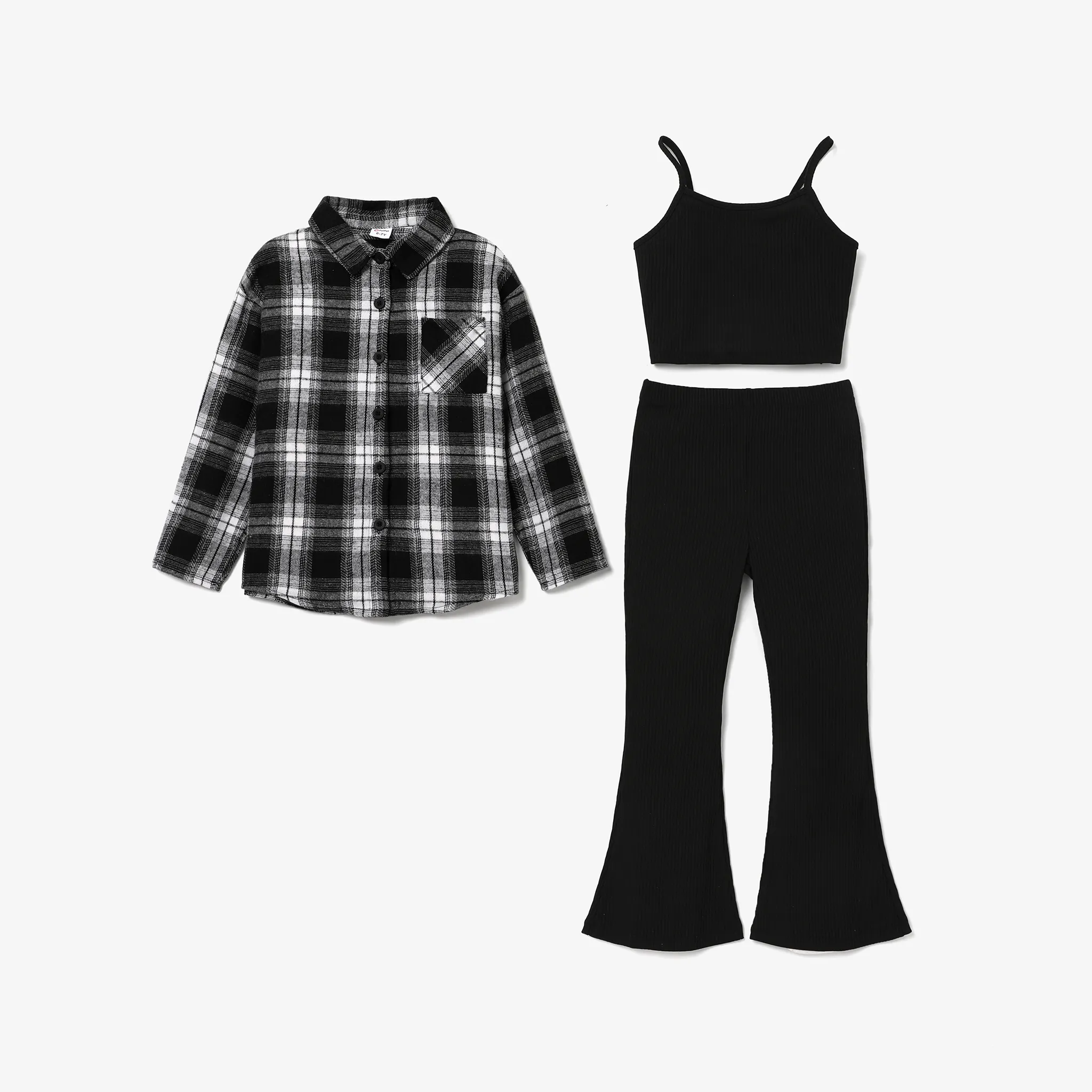 3pc Kid Girl's Avant-garde Houndstooth Casual Lapel Shirt Tanktop and Leggings Set
