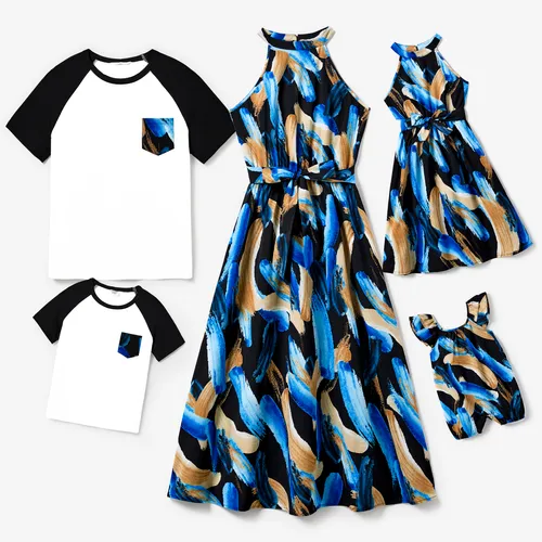 Family Matching Black Raglan-sleeve T-shirt and Printed High Neck Halter Sleeveless Dress Set 