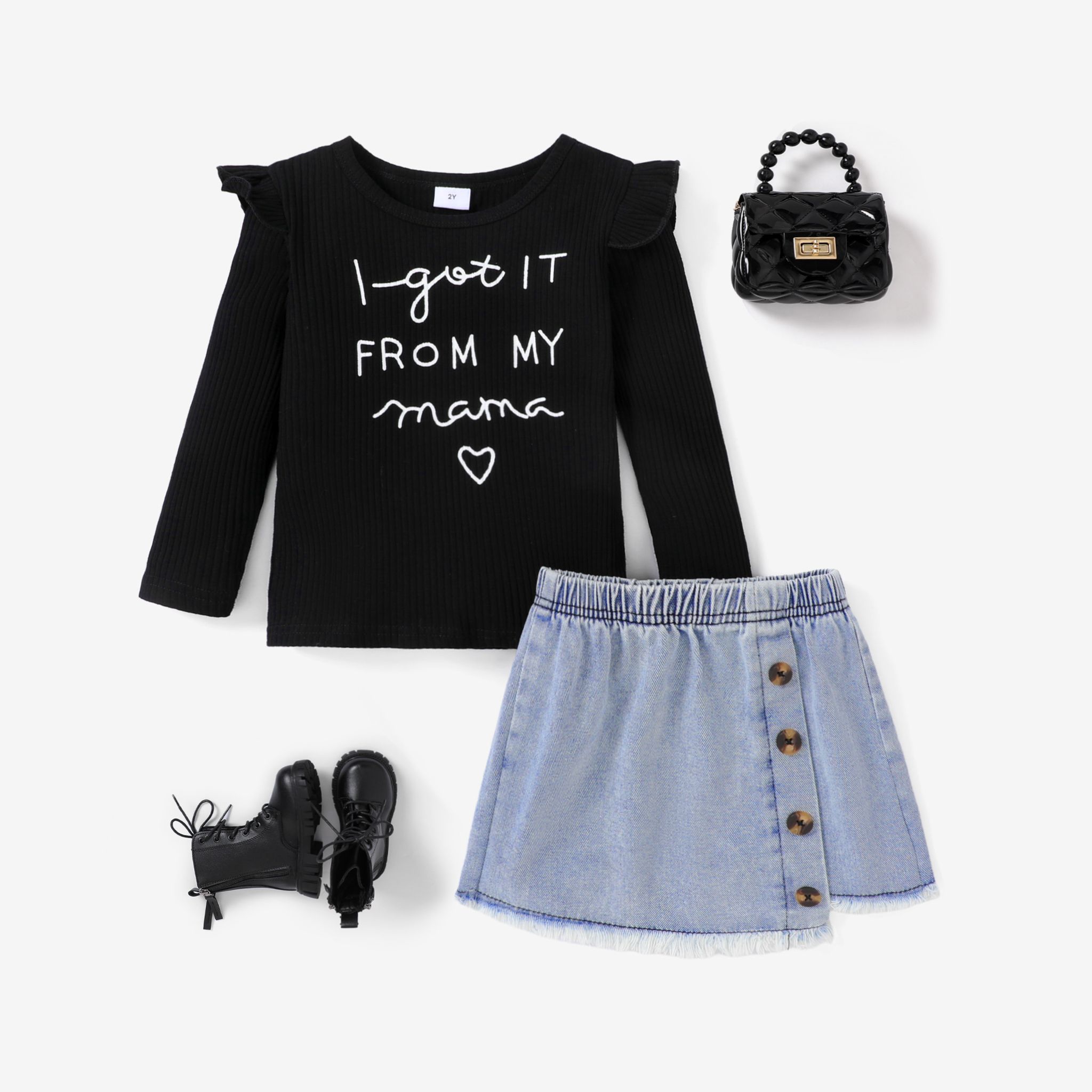 2pcs Toddler Girl 95%Cotton Letter Pattern Tshirt And Denim Button Design Skirt Set